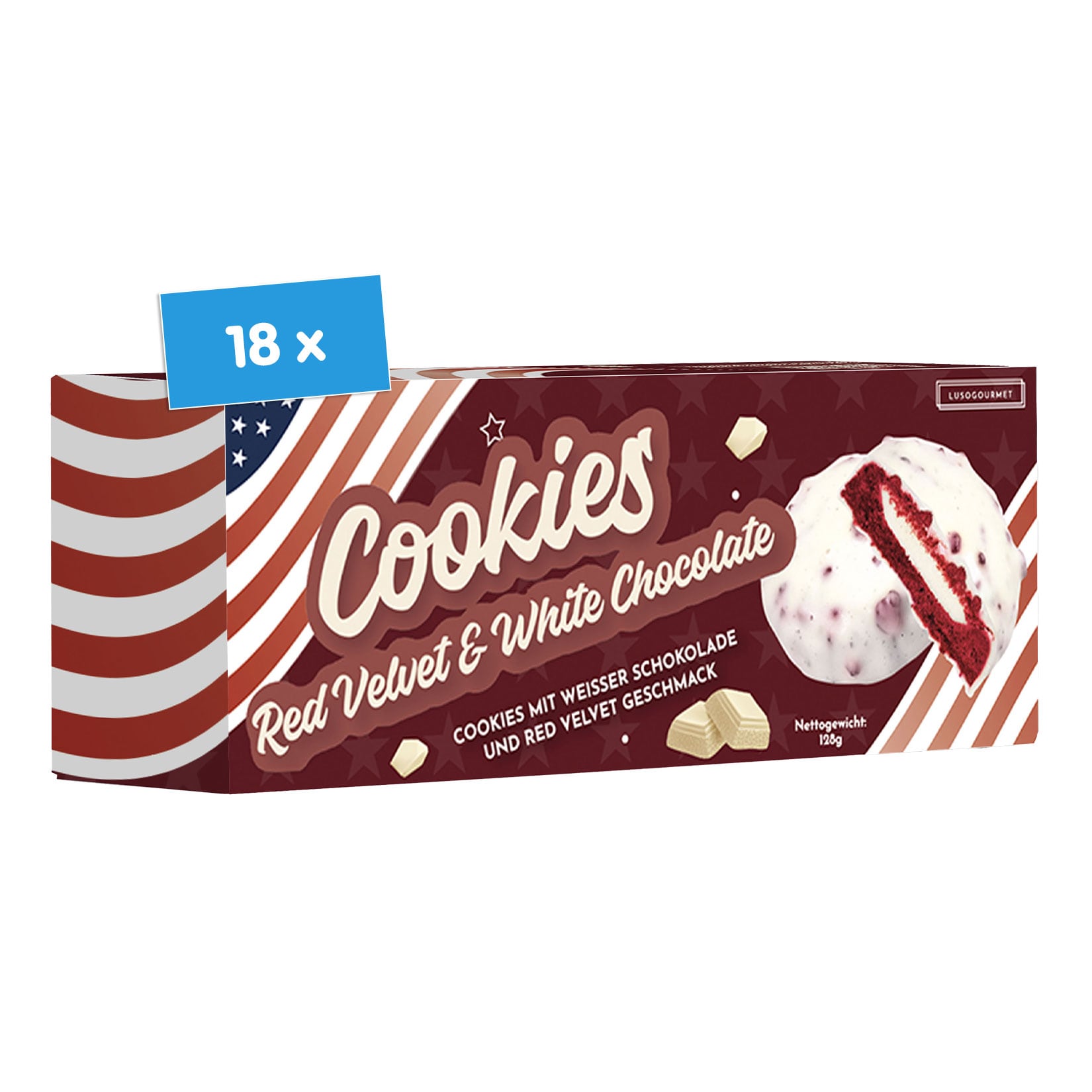 Lusogourmet Cookies Red Velvet & White Chocolate 128g, 18er Pack - Bild 1