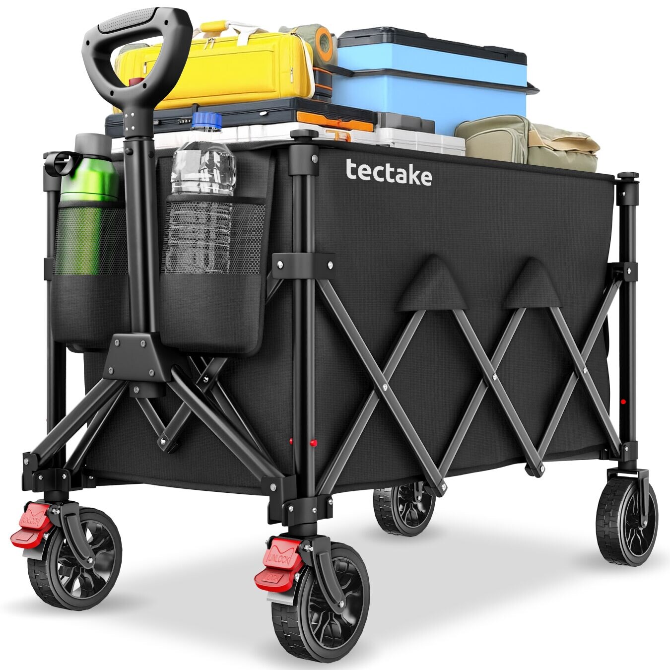tectake® Bollerwagen, faltbar, abnehmbare Plane aus Oxford-Gewebe mit 3 Netztaschen und Reißverschlussfach, inklusive Einlegeboden, Belastbarkeit 100 kg
