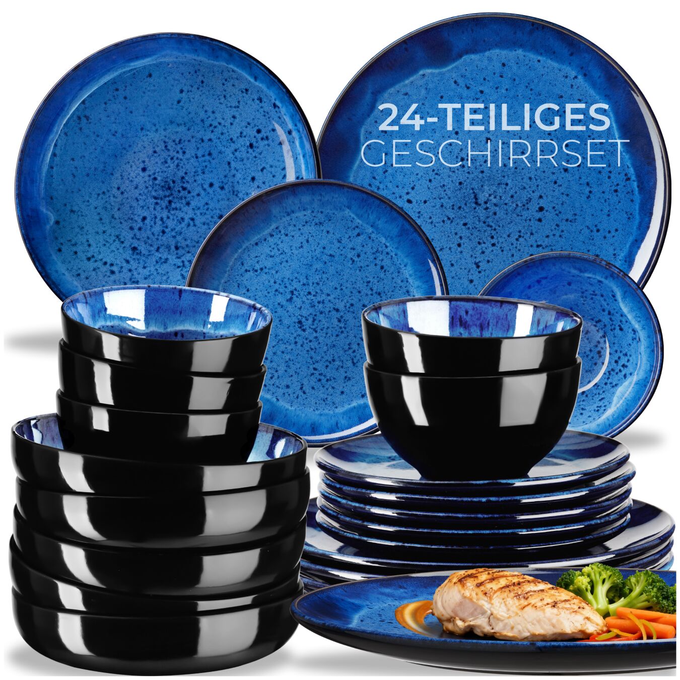 tectake&reg; Tafelservice, f&uuml;r 6 Personen, handgefertigt, aus Steingut, mit Glasur, ineinander stapelbar - Bild 1