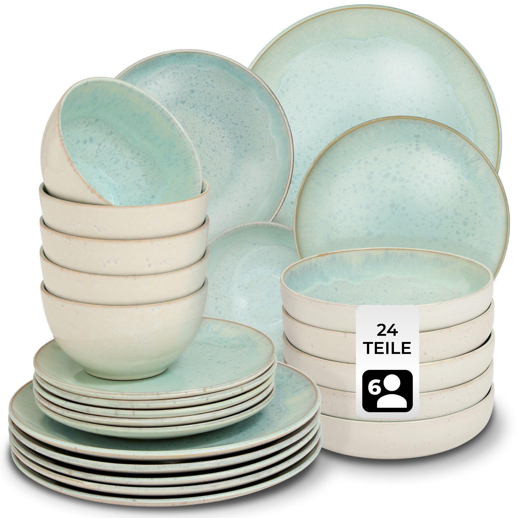 tectake&reg; Tafelservice, f&uuml;r 6 Personen, handgefertigt, aus Steingut, mit Glasur, ineinander stapelbar - Bild 1