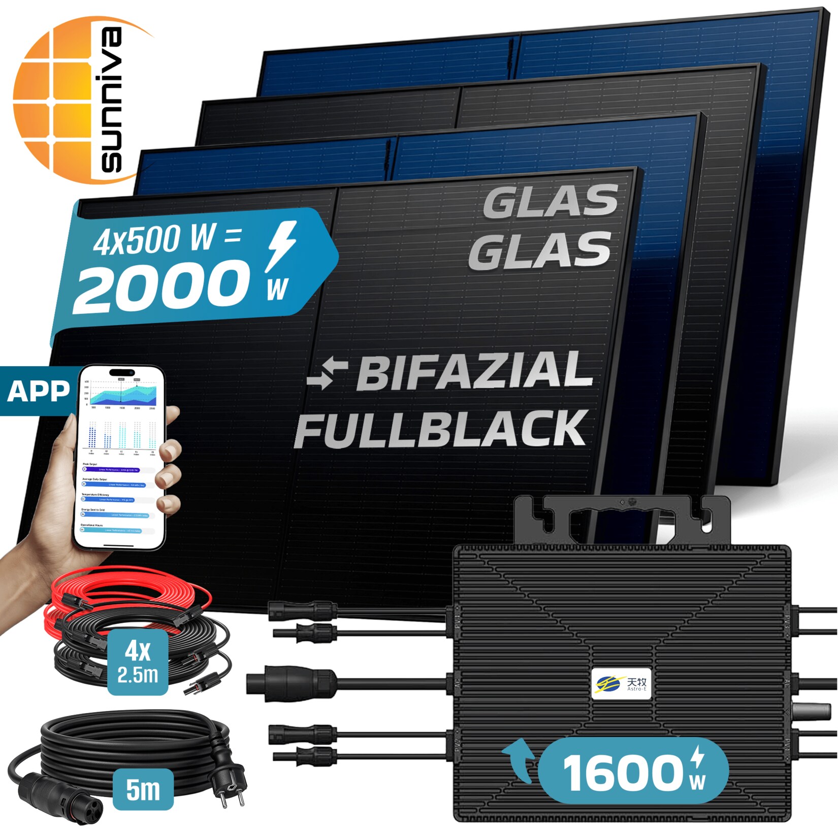 SUNNIVA® 2000W Balkonkraftwerk BIFAZIAL FULLBLACK komplett Steckdose ASTRO-E 1600 Watt Wechselrichter, PV Solaranlage Komplettset, 4x 500W N-Type Glas-Glas Bifacial Solarmodule, 5m Kabel & 4x 2.5m Solarkabel | 04255656236280
