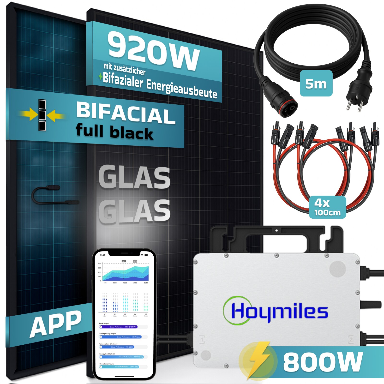 SUNNIVA® 920W Balkonkraftwerk BIFAZIAL FULLBLACK komplett Steckdose HOYMILES 800W Wechselrichter, PV Solaranlage, 2x 460W Glas-Glas Solarmodule, inkl. 5m Kabel, Bluetooth WIFI, Komplettset | 04255656240027