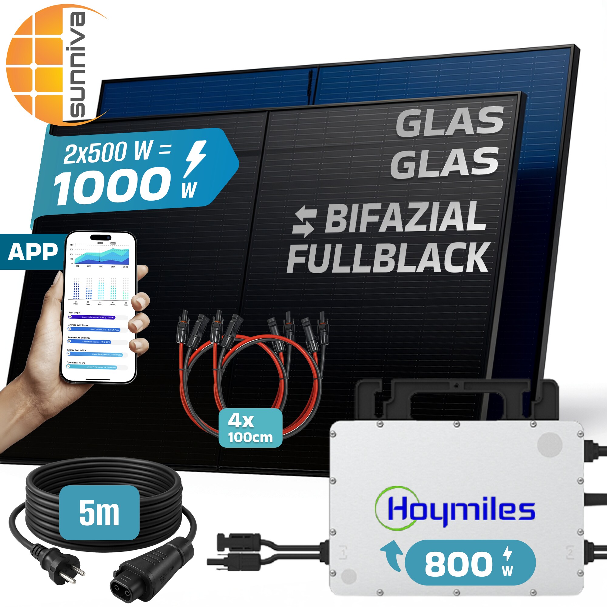 SUNNIVA&reg; 1000W Balkonkraftwerk BIFAZIAL FULLBLACK komplett Steckdose HOYMILES 800W Wechselrichter, PV Solaranlage, 2x 500W Glas-Glas Solarmodule, inkl. 5m Kabel, Bluetooth WIFI, Komplettset - Bild 1