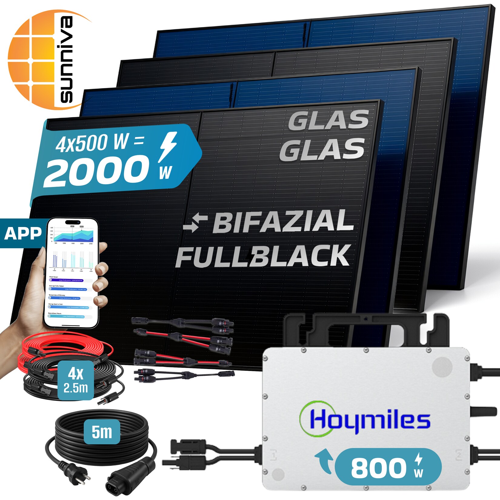 SUNNIVA® 2000W Balkonkraftwerk BIFAZIAL FULLBLACK komplett Steckdose HOYMILES 800W Wechselrichter, PV Solaranlage, 4x 500W Glas-Glas Solarmodule, inkl. 5m Kabel, Bluetooth WIFI, Komplettset | 04255656240058