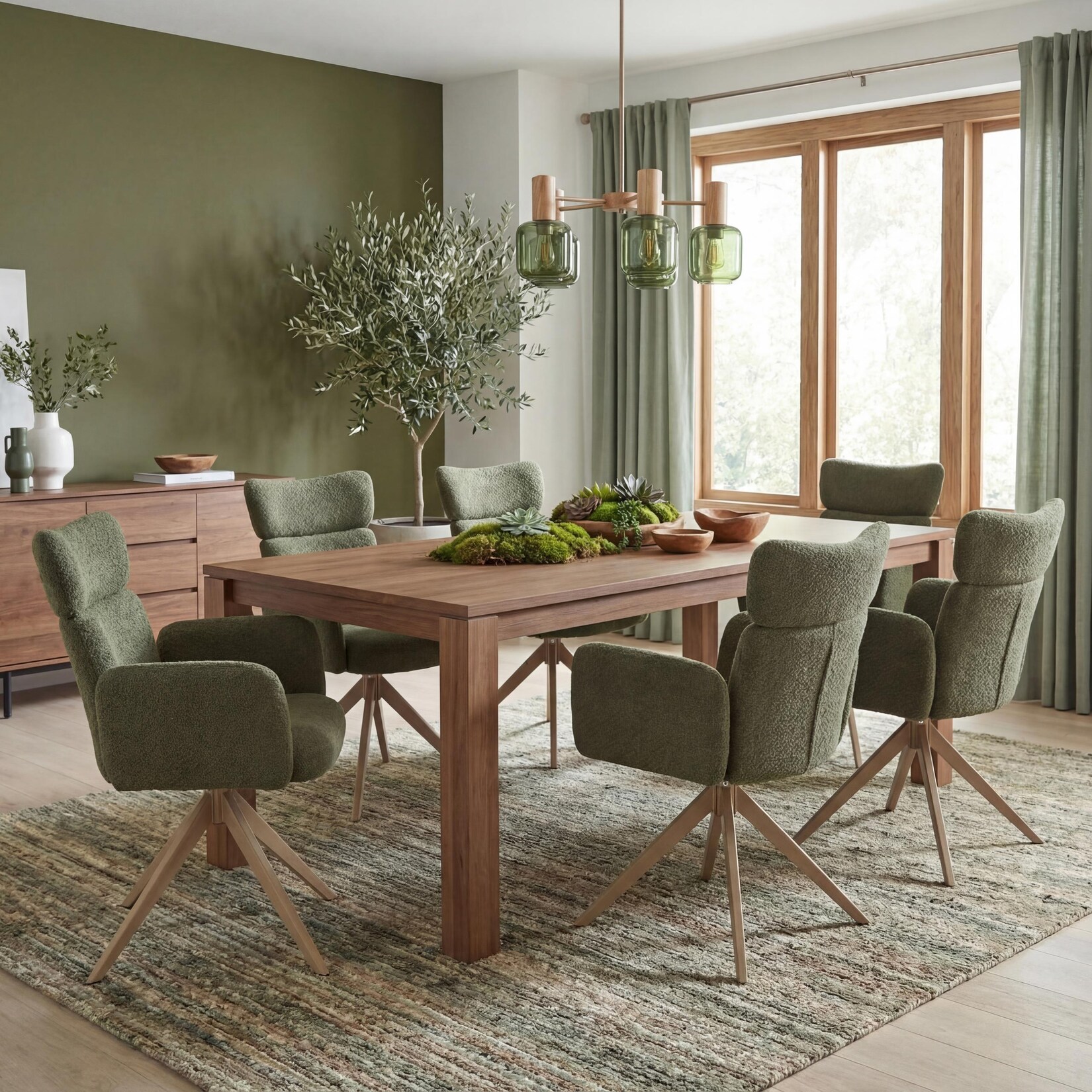6er-Set Esszimmerstuhl MCW-N11, Stuhl, drehbar Auto-Return Stoff Bouclé 350g/m² ~ grün, Beine Holz-Optik
