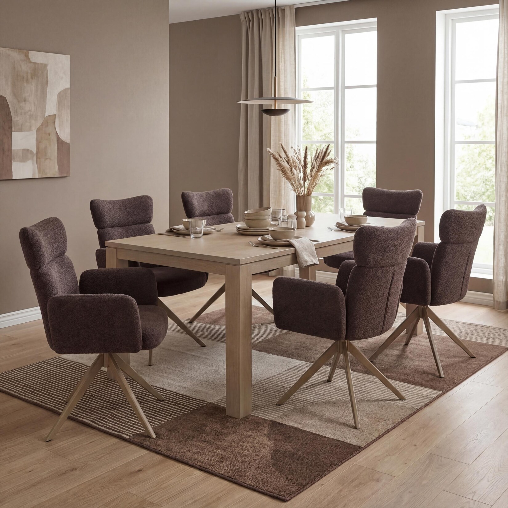 6er-Set Esszimmerstuhl MCW-N11, Stuhl, drehbar Auto-Return Stoff Bouclé 350g/m² ~ dunkelbraun, Beine Holz-Optik