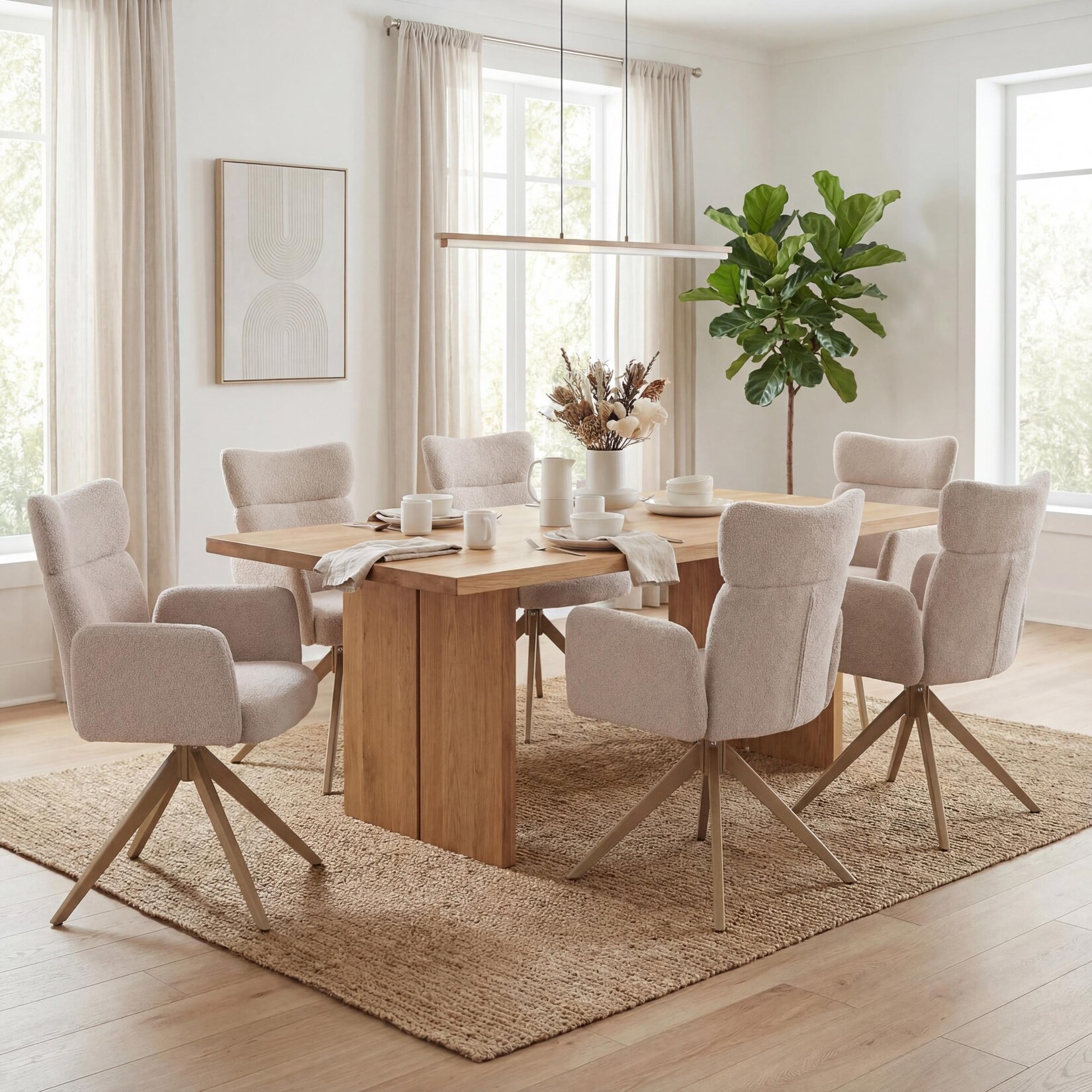 6er-Set Esszimmerstuhl MCW-N11, Stuhl, drehbar Auto-Return Stoff Bouclé 350g/m² ~ beige, Beine Holz-Optik