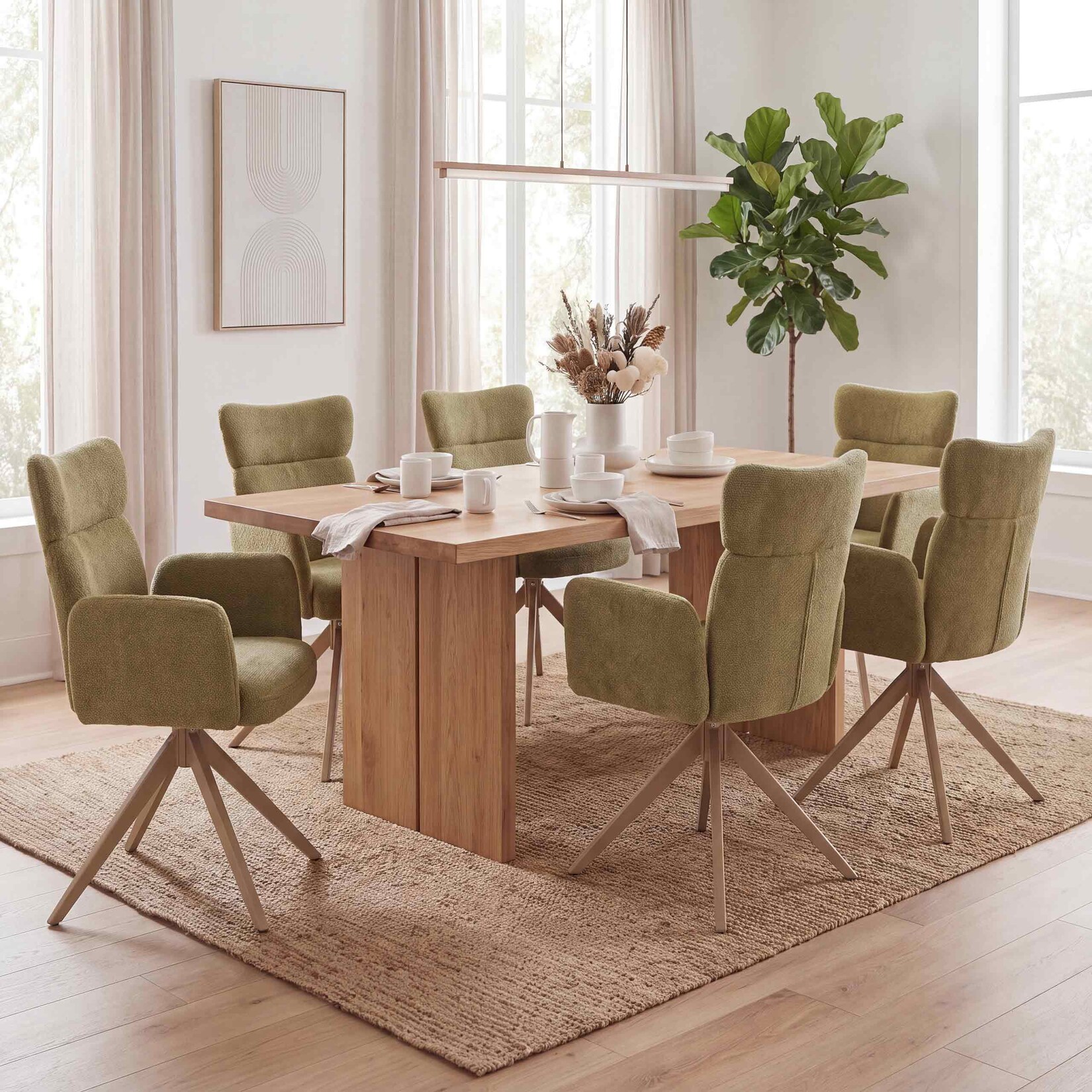 6er-Set Esszimmerstuhl MCW-N11, Stuhl, drehbar Auto-Return Stoff Bouclé 350g/m² ~ oliv, Beine Holz-Optik