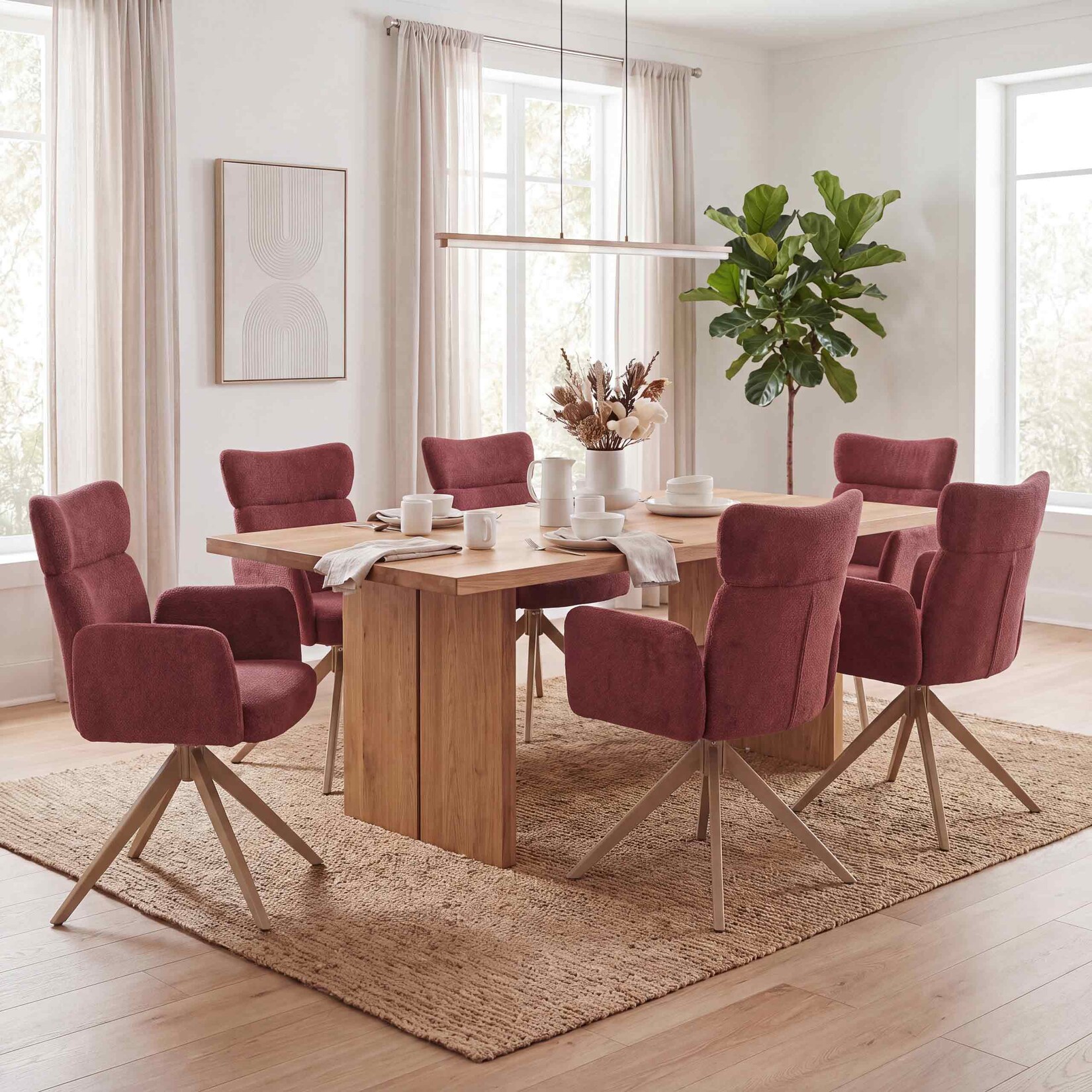 6er-Set Esszimmerstuhl MCW-N11, Stuhl, drehbar Auto-Return Stoff Bouclé 350g/m² ~ bordeaux, Beine Holz-Optik