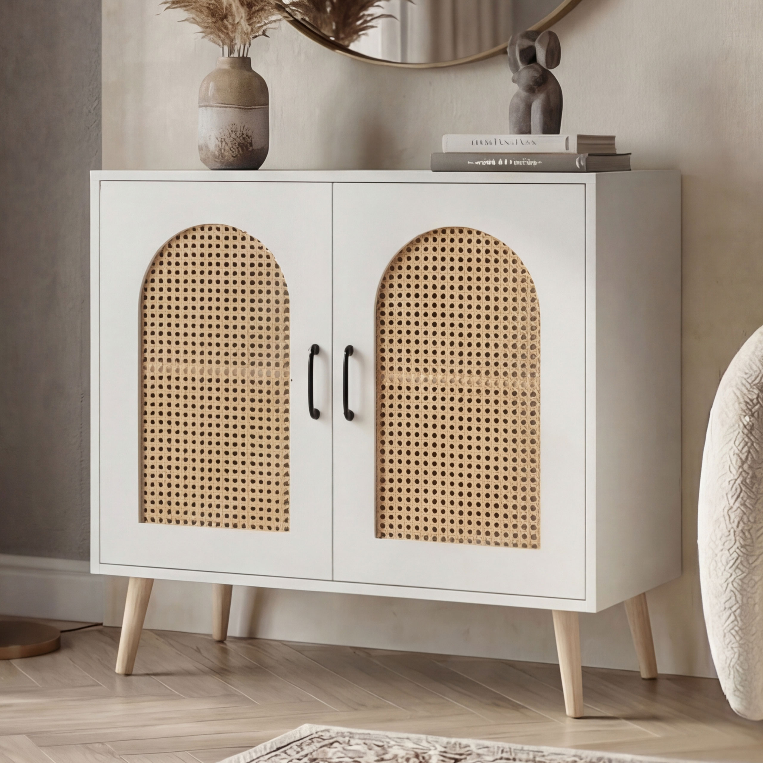 Kommode MCW-P51, Schrank mit T&uuml;ren Anrichte Stauf&auml;cher, Poly-Rattan MDF Melamin 79x80x40cm ~ wei&szlig; - Bild 1