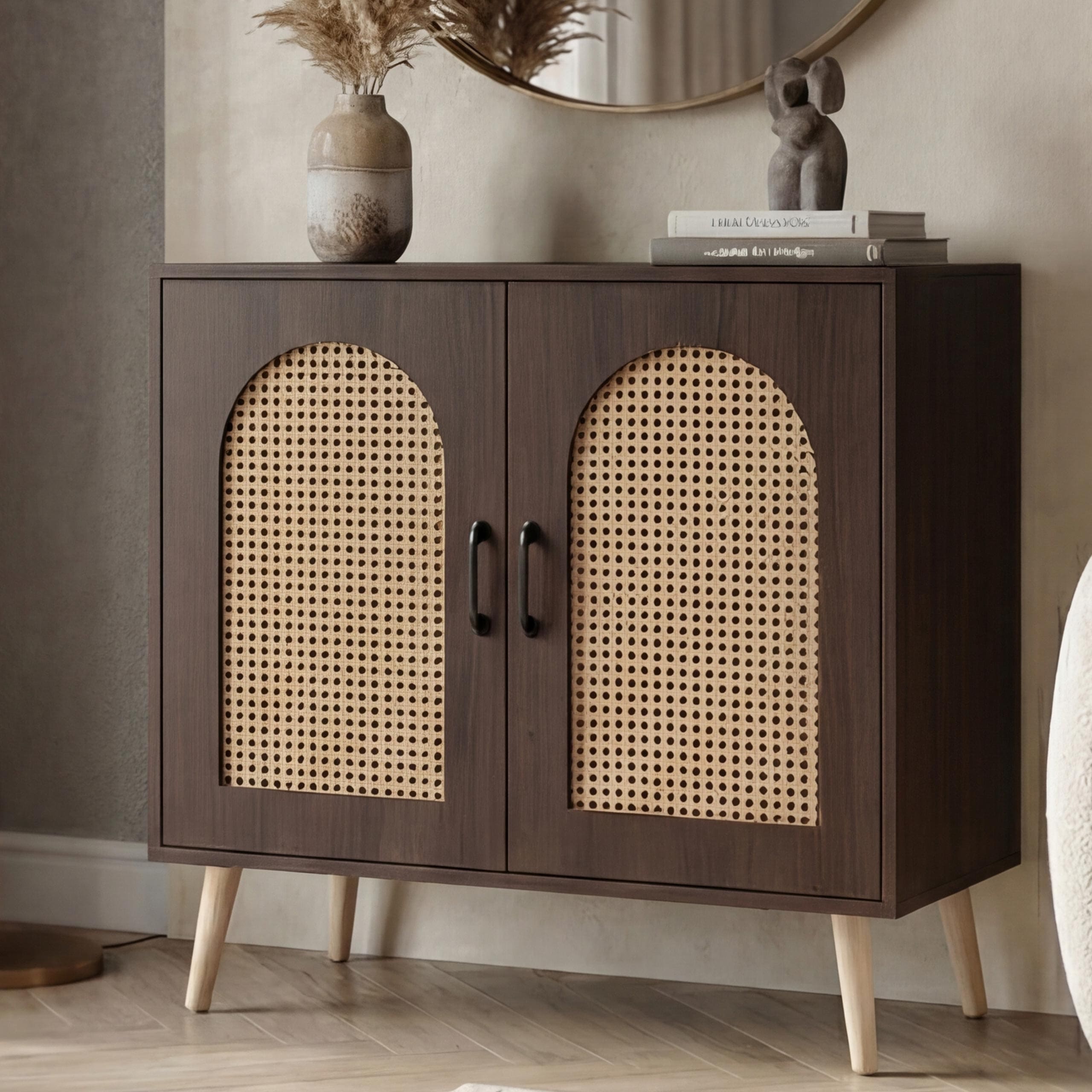 Kommode MCW-P51, Schrank mit T&uuml;ren Anrichte Stauf&auml;cher, Poly-Rattan MDF Melamin 79x80x40cm ~ Walnuss-Optik - Bild 1