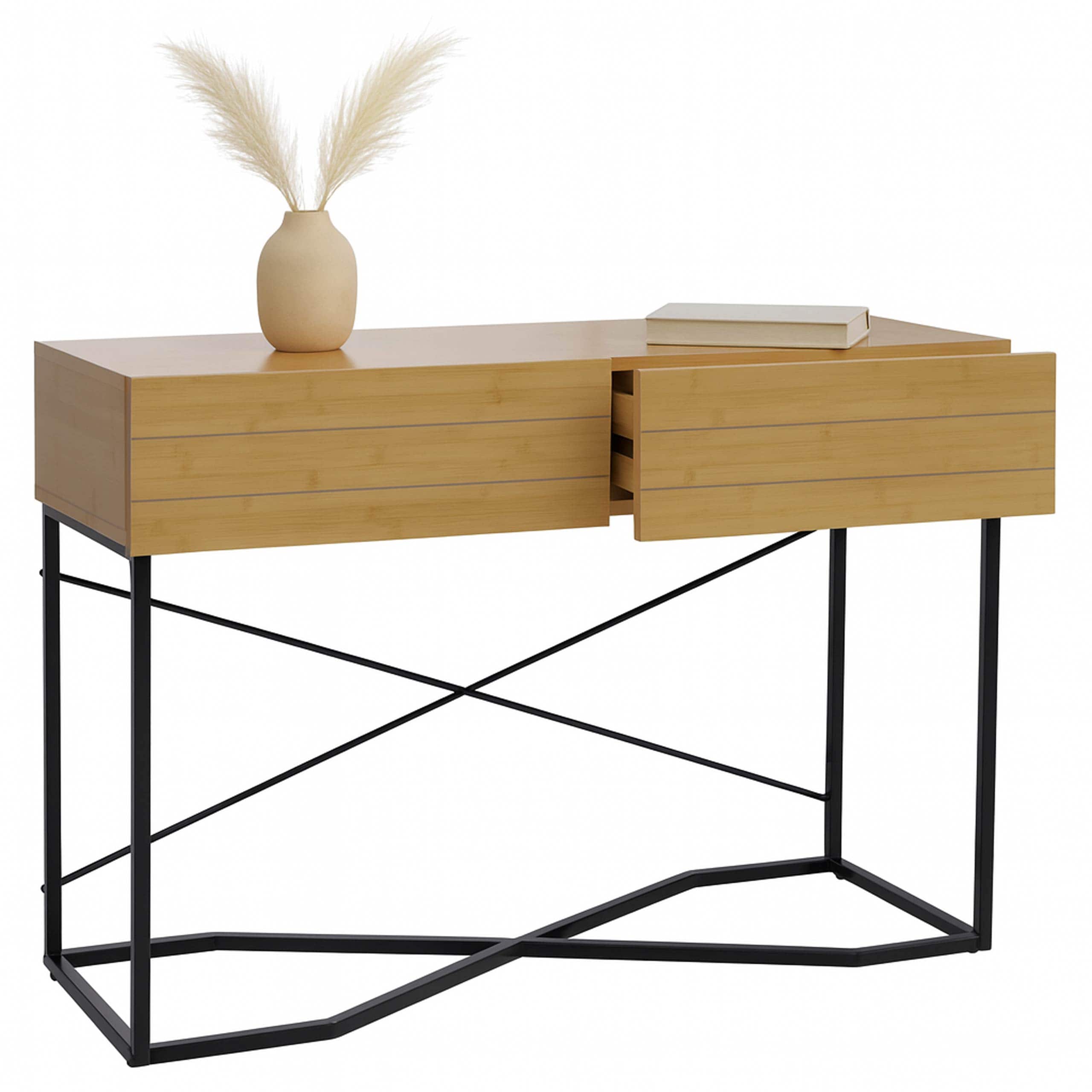 Konsolentisch MCW-P47, Telefontisch Beistelltisch Ablagetisch, Schublade Melamin Industrial 81x120x40cm ~ Bambus-Optik - Bild 1