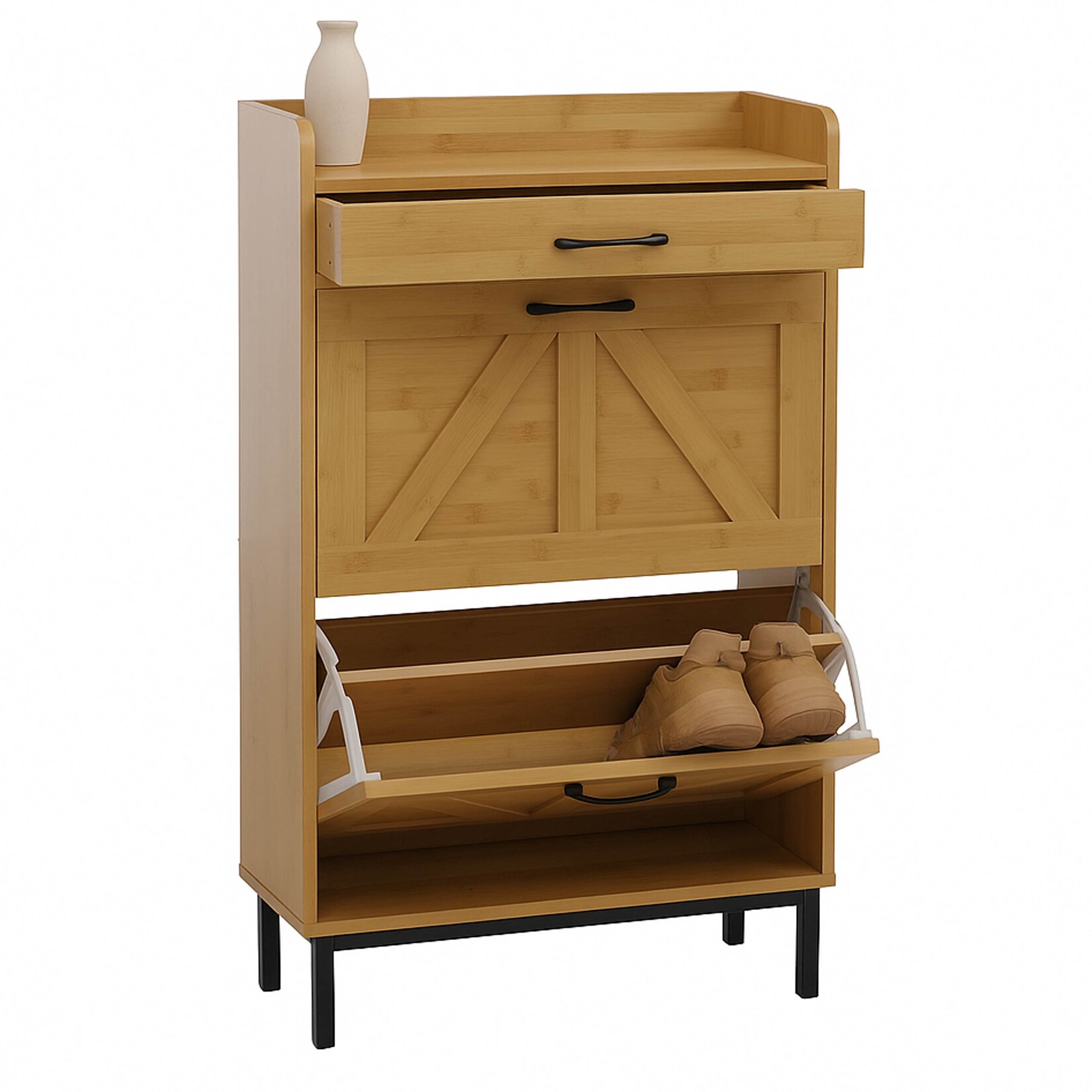 Schuhkipper MCW-P45, Schuhregal Schuhschrank, 2 Kippfächer Ablage Schublade MDF 95x60x24cm ~ Bambus-Optik
