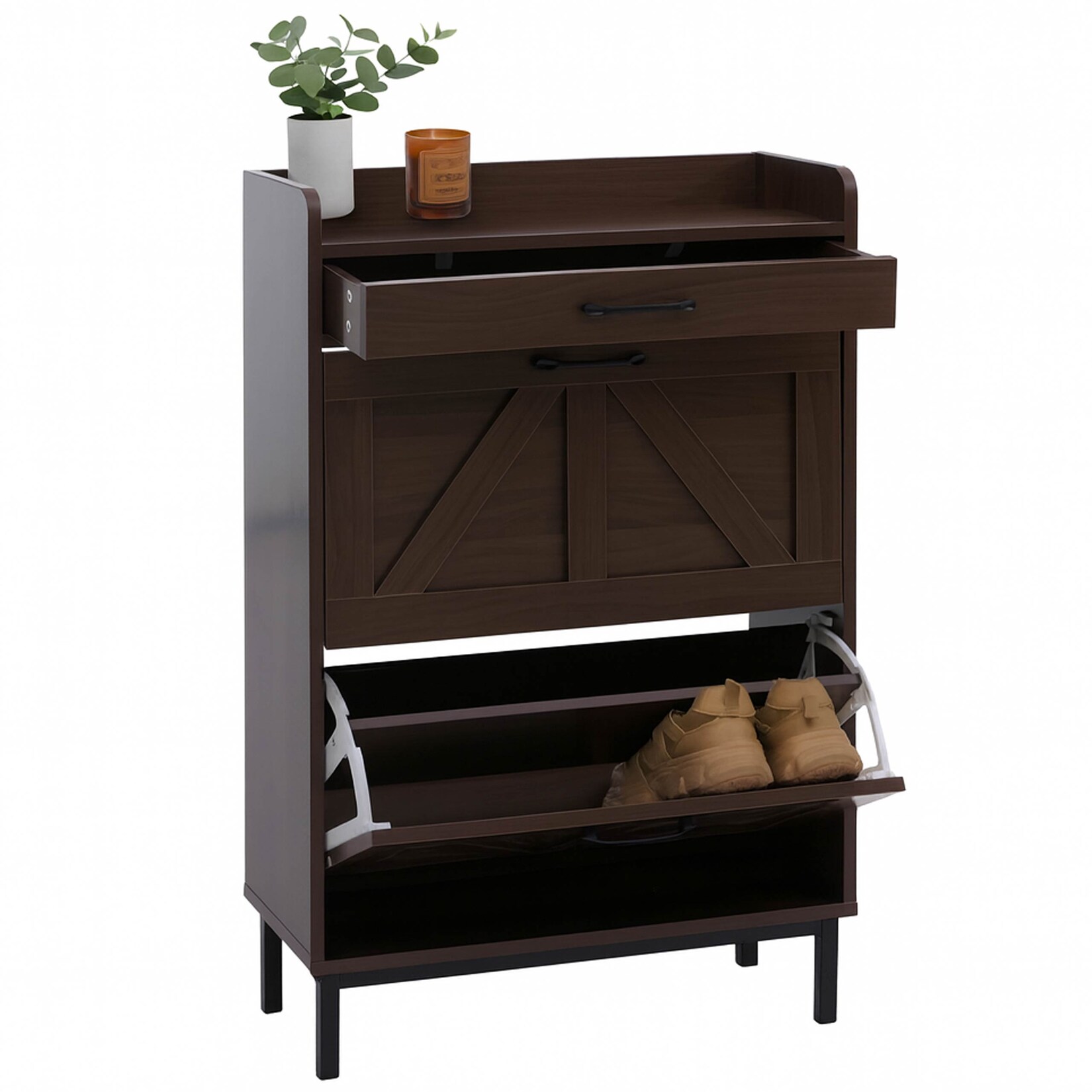 Schuhkipper MCW-P45, Schuhregal Schuhschrank, 2 Kippfächer Ablage Schublade MDF 95x60x24cm ~ Walnuss-Optik