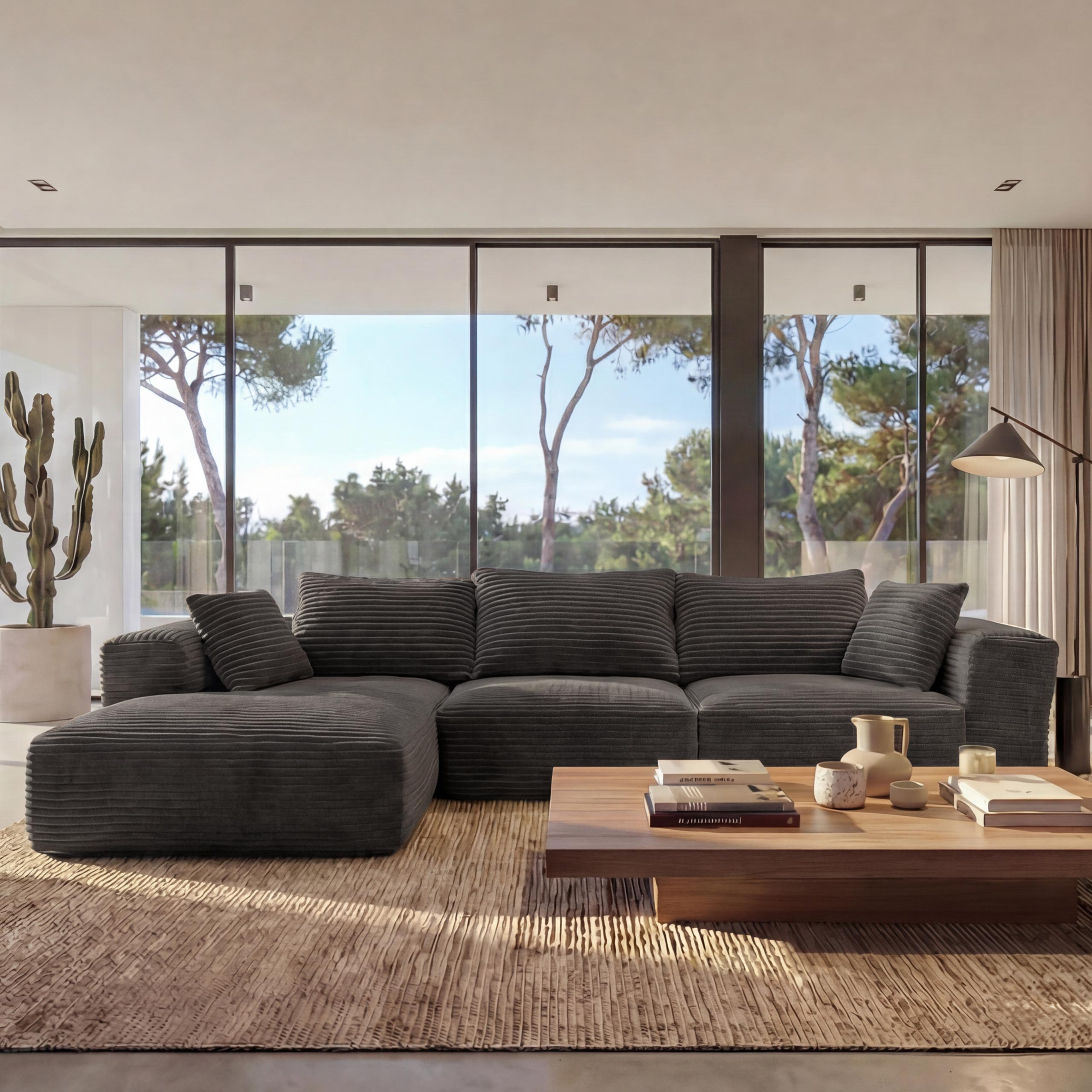 Sofa-Garnitur MCW-P20, 3-Sitzer Couch Loungesofa, Stoff/Textil Cord (370 g/m&sup2;) Liegefl&auml;che links ~ dunkelgrau - Bild 1