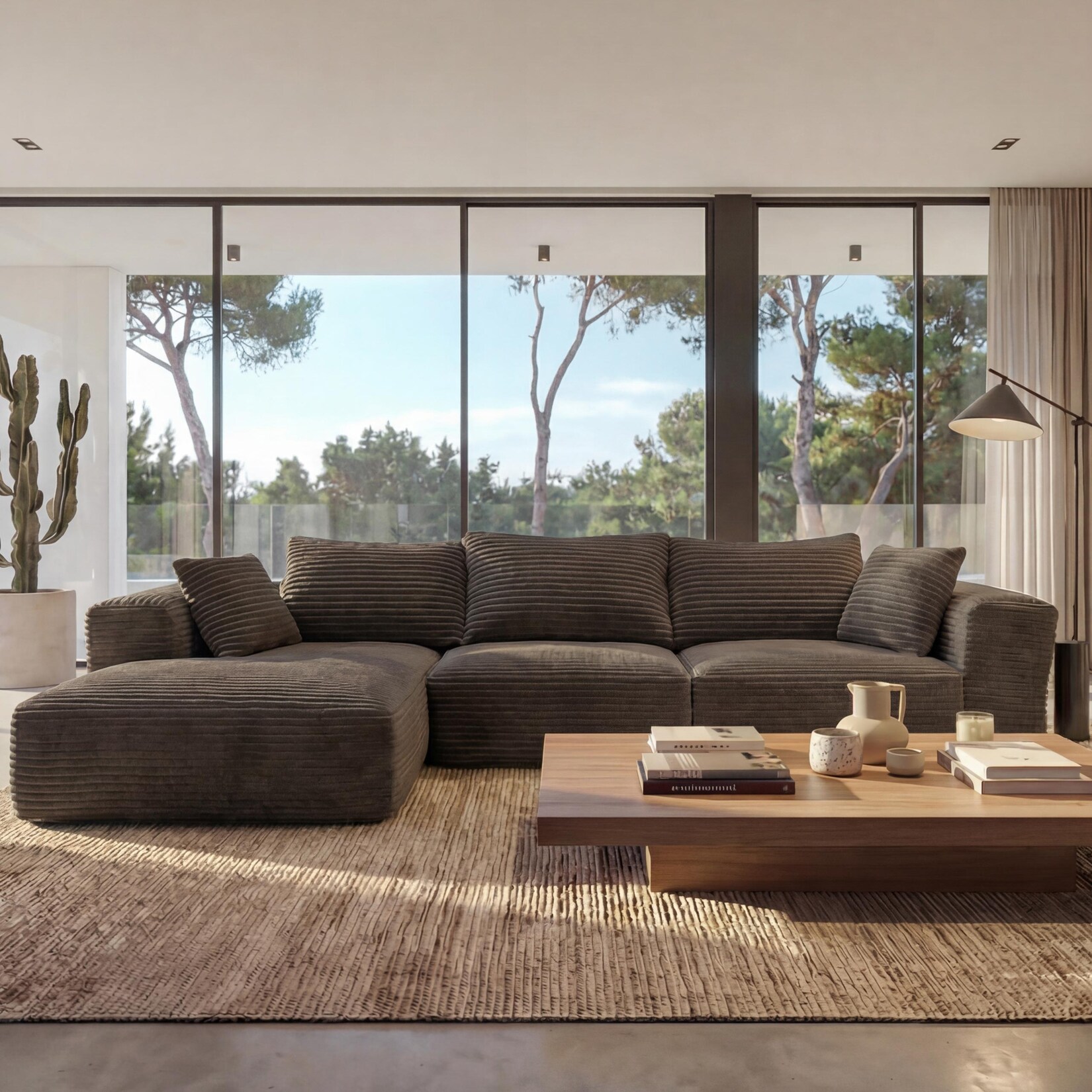 Sofa-Garnitur MCW-P20, 3-Sitzer Couch Loungesofa, Stoff/Textil Cord (370 g/m²) Liegefläche links ~ braun