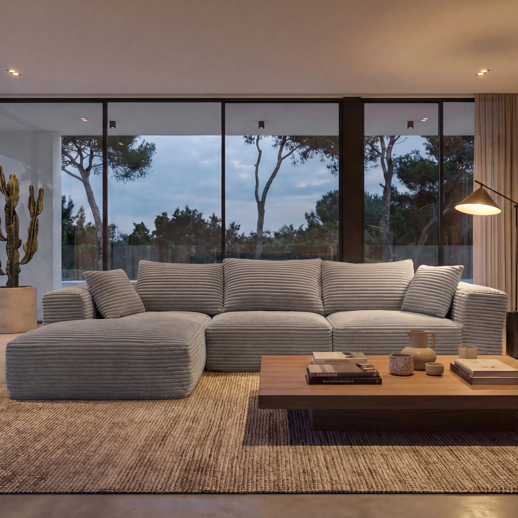 Sofa-Garnitur MCW-P20, 3-Sitzer Couch Loungesofa, Stoff/Textil Cord (370 g/m²) Liegefläche links ~ hellgrau