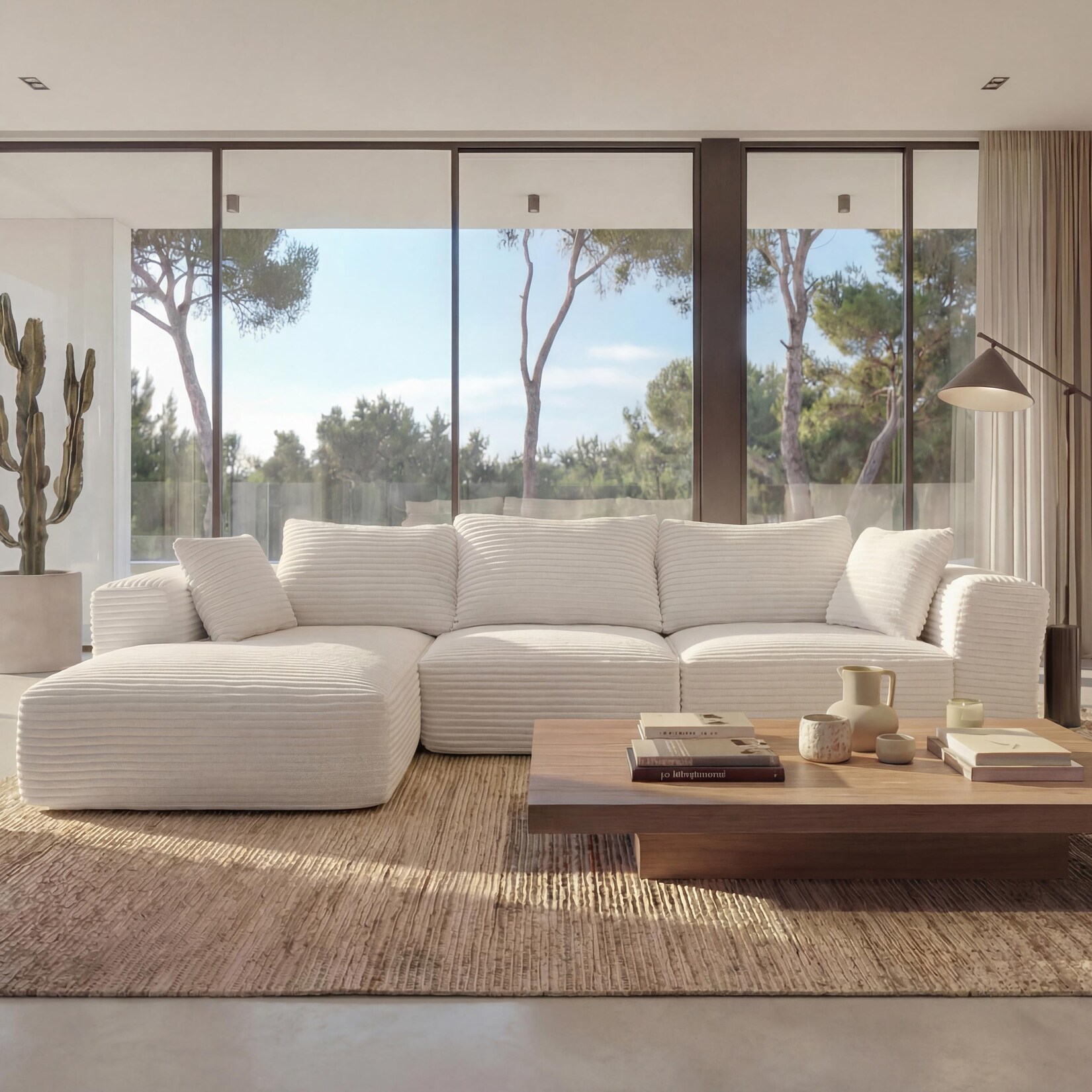 Sofa-Garnitur MCW-P20, 3-Sitzer Couch Loungesofa, Stoff/Textil Cord (370 g/m²) Liegefläche links ~ weiß
