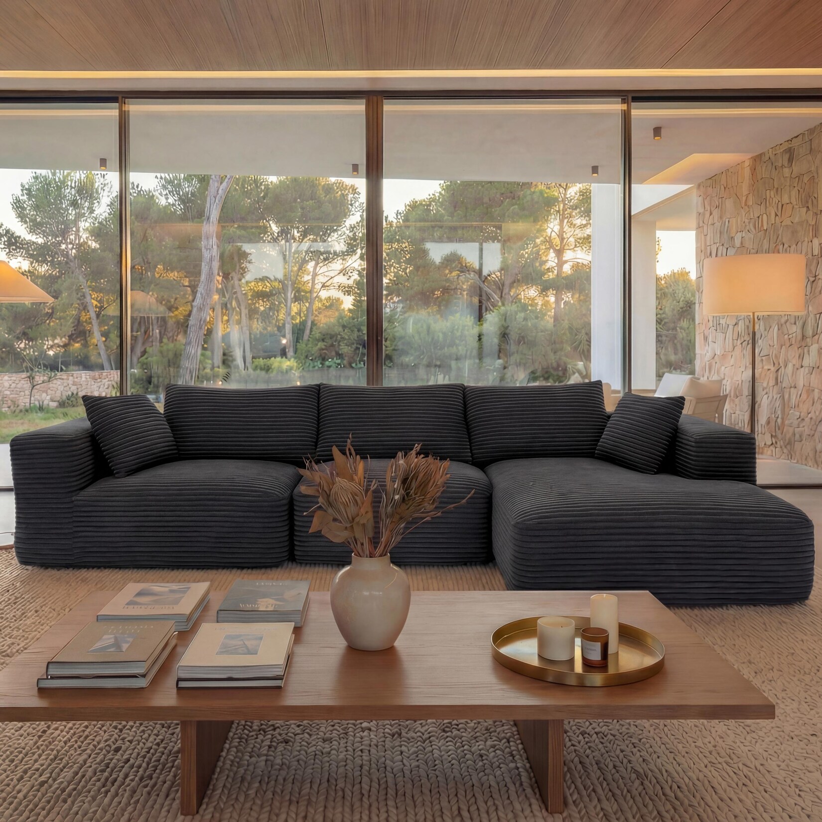 Sofa-Garnitur MCW-P20, 3-Sitzer Couch Loungesofa, Stoff/Textil Cord (370 g/m²) Liegefläche rechts ~ dunkelgrau