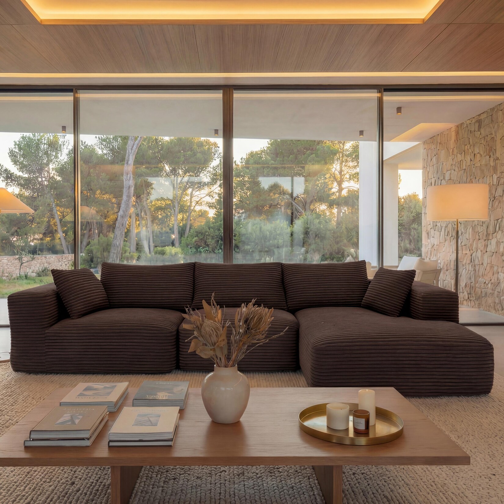 Sofa-Garnitur MCW-P20, 3-Sitzer Couch Loungesofa, Stoff/Textil Cord (370 g/m²) Liegefläche rechts ~ braun