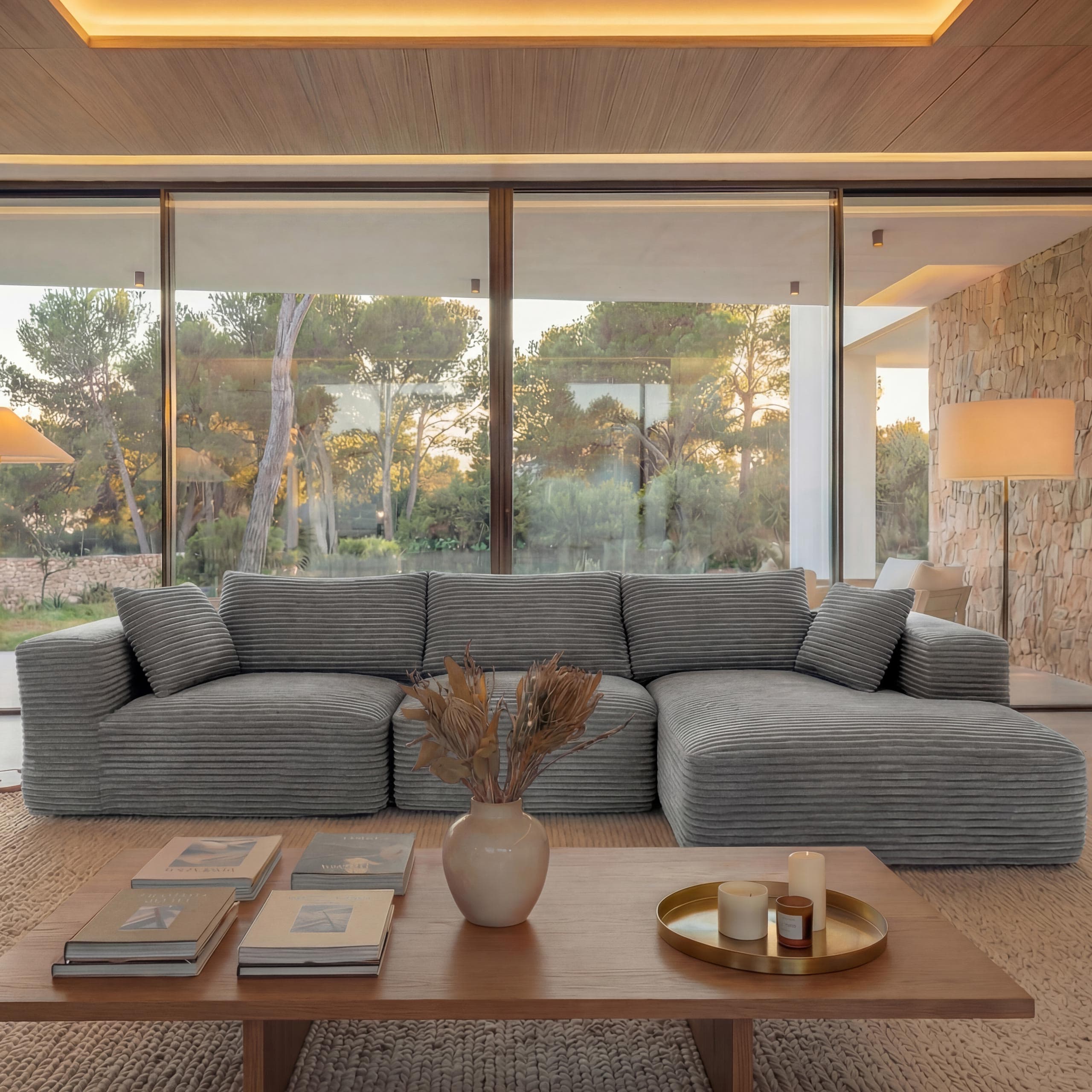 Sofa-Garnitur MCW-P20, 3-Sitzer Couch Loungesofa, Stoff/Textil Cord (370 g/m&sup2;) Liegefl&auml;che rechts ~ hellgrau - Bild 1