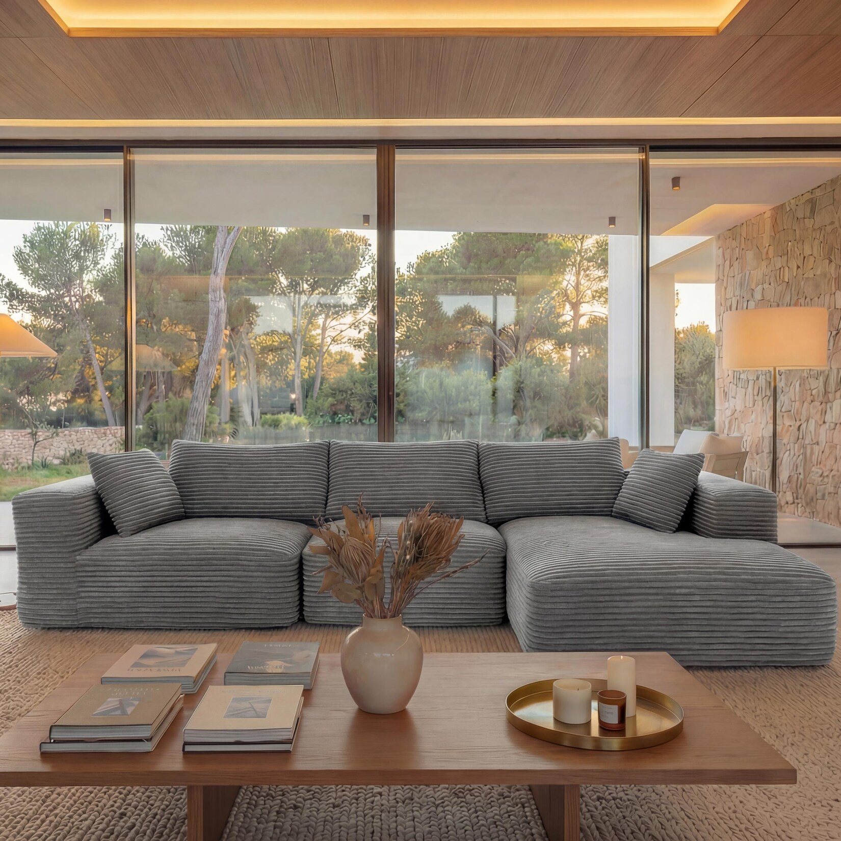 Sofa-Garnitur MCW-P20, 3-Sitzer Couch Loungesofa, Stoff/Textil Cord (370 g/m²) Liegefläche rechts ~ hellgrau