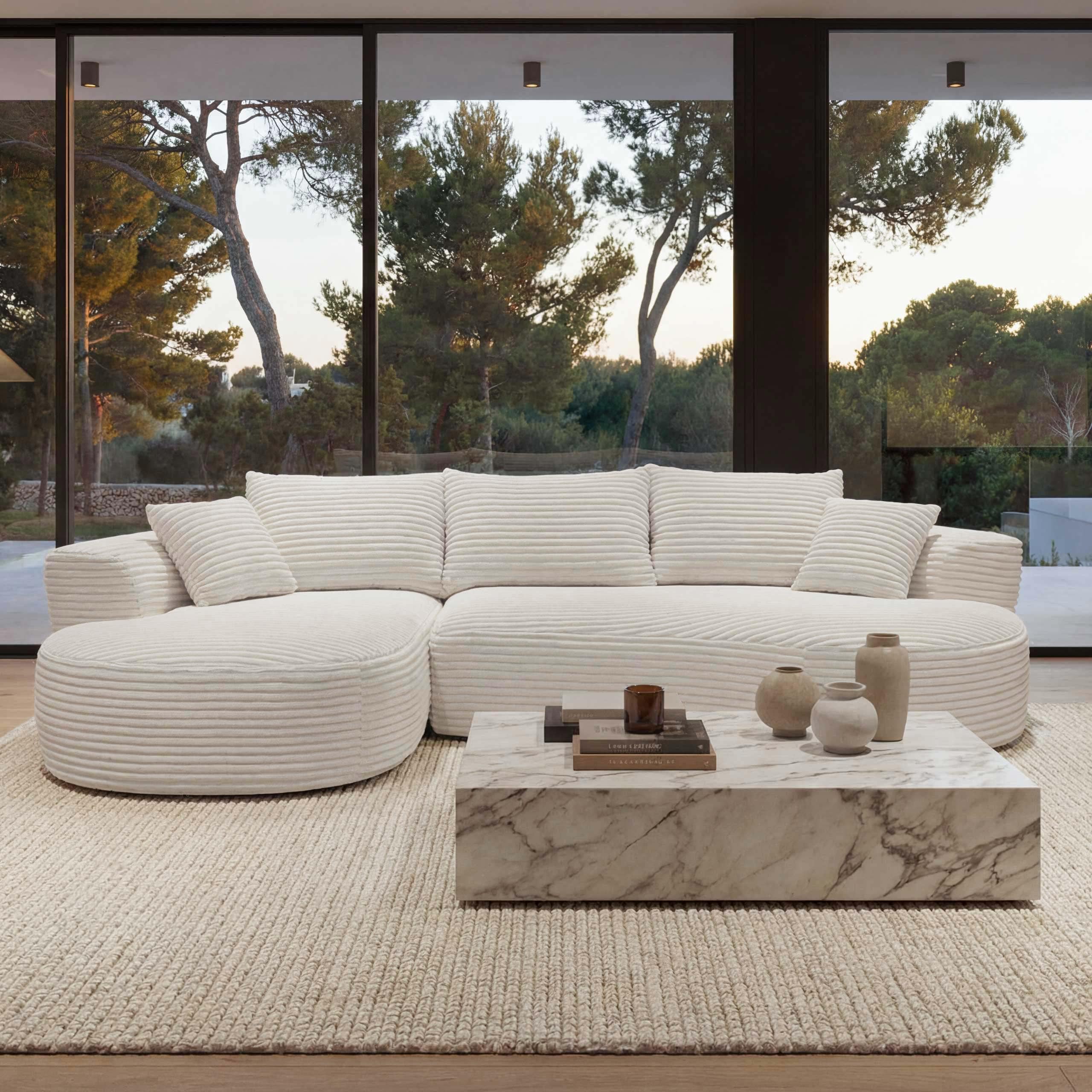 Sofa-Garnitur MCW-P19, 3-Sitzer Couch Loungesofa, Stoff/Textil Cord (370 g/m&sup2;) Liegefl&auml;che links ~ wei&szlig; - Bild 1