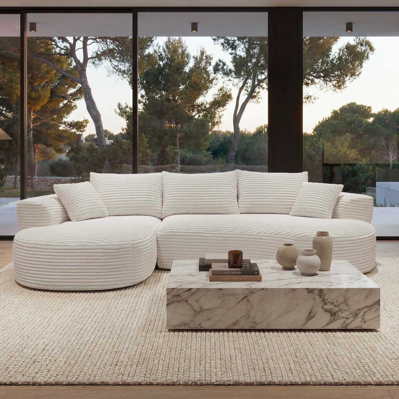 Sofa-Garnitur MCW-P19, 3-Sitzer Couch Loungesofa, Stoff/Textil Cord (370 g/m²) Liegefläche links ~ weiß