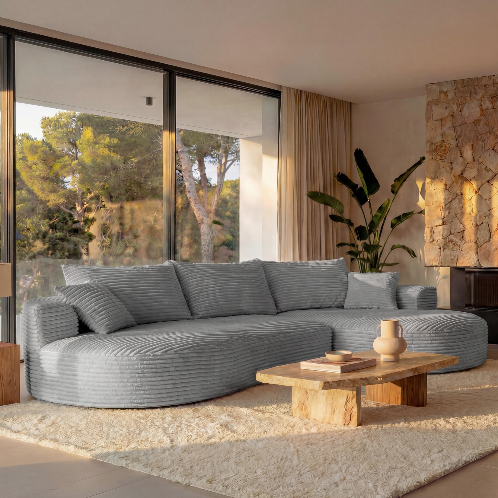Sofa-Garnitur MCW-P19, 3-Sitzer Couch Loungesofa, Stoff/Textil Cord (370 g/m²) Liegefläche rechts ~ hellgrau
