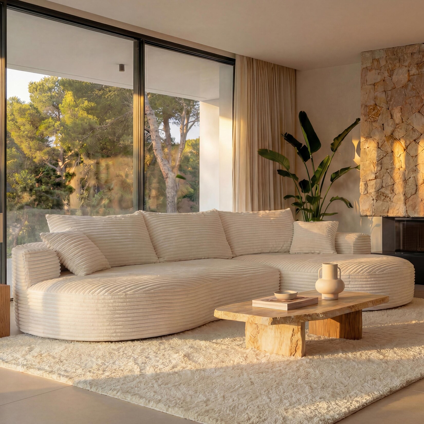 Sofa-Garnitur MCW-P19, 3-Sitzer Couch Loungesofa, Stoff/Textil Cord (370 g/m²) Liegefläche rechts ~ weiß | 04057651803524