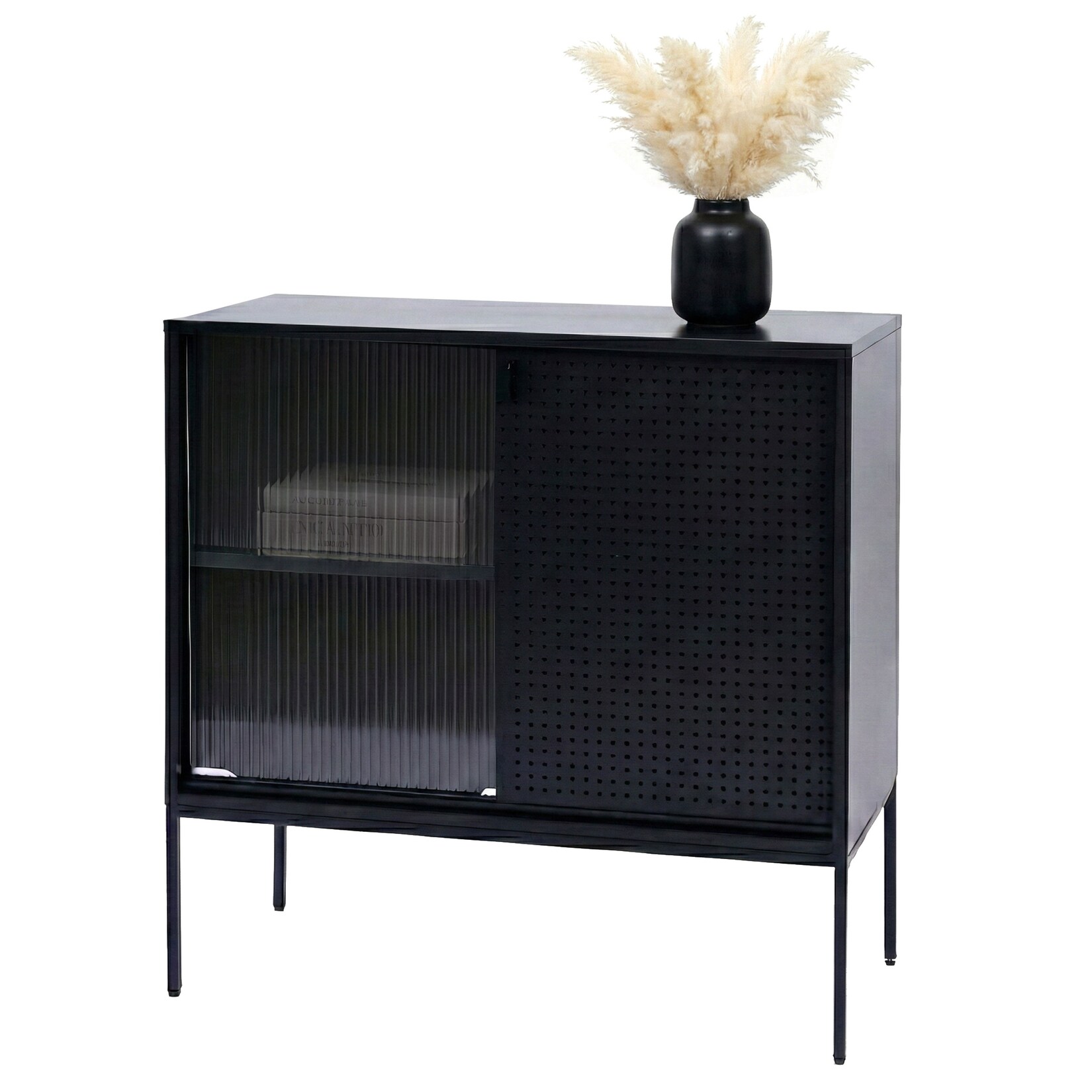 Kommode MCW-O90, Schrank Sideboard Highboard, Industrial Staufächer Schiebetüren Metall 85x80x45cm ~ schwarz