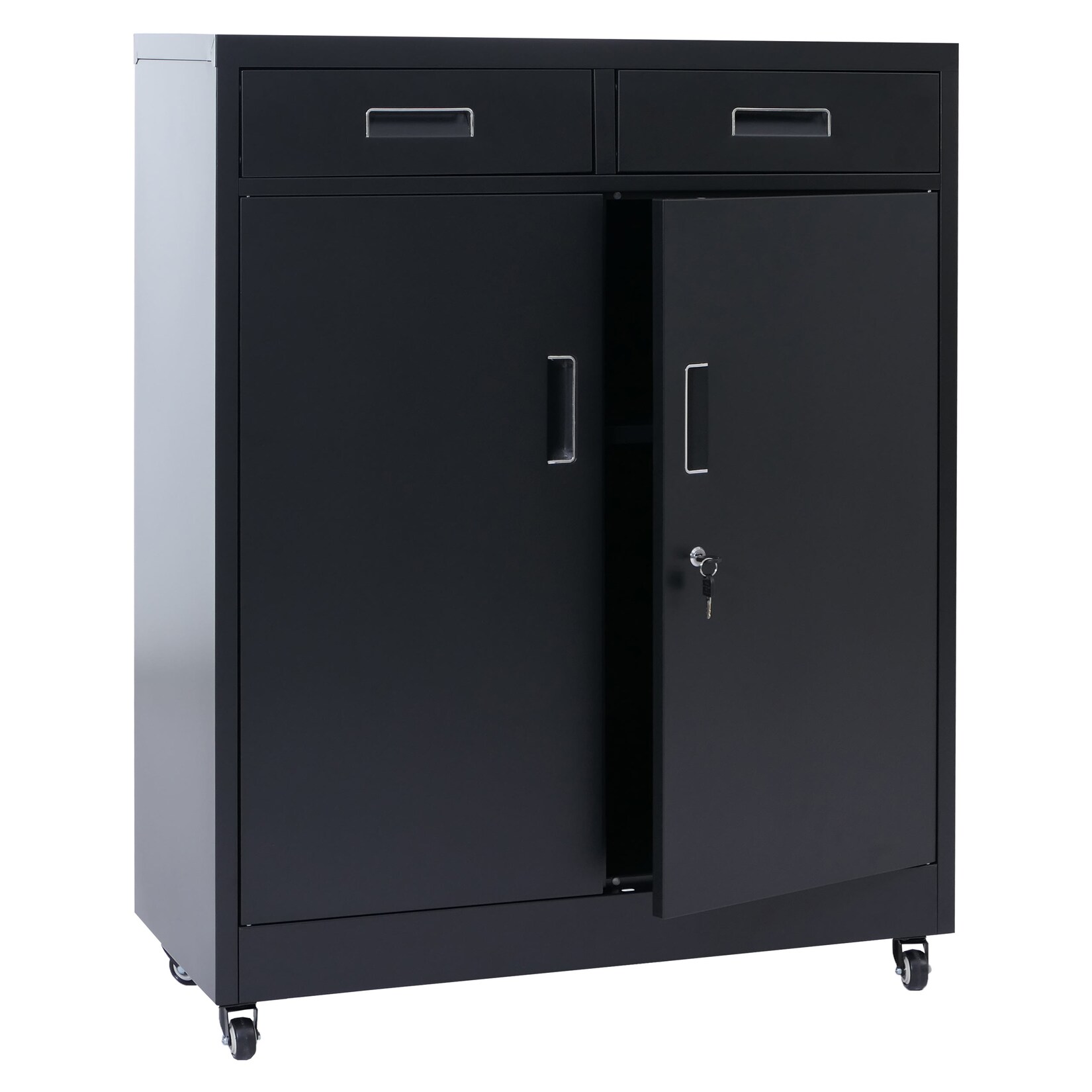 Aktenschrank MCW-O89, Stahlschrank Büroschrank, Rollen Türen Schubladen abschließbar Metall 116x90x40cm ~ schwarz