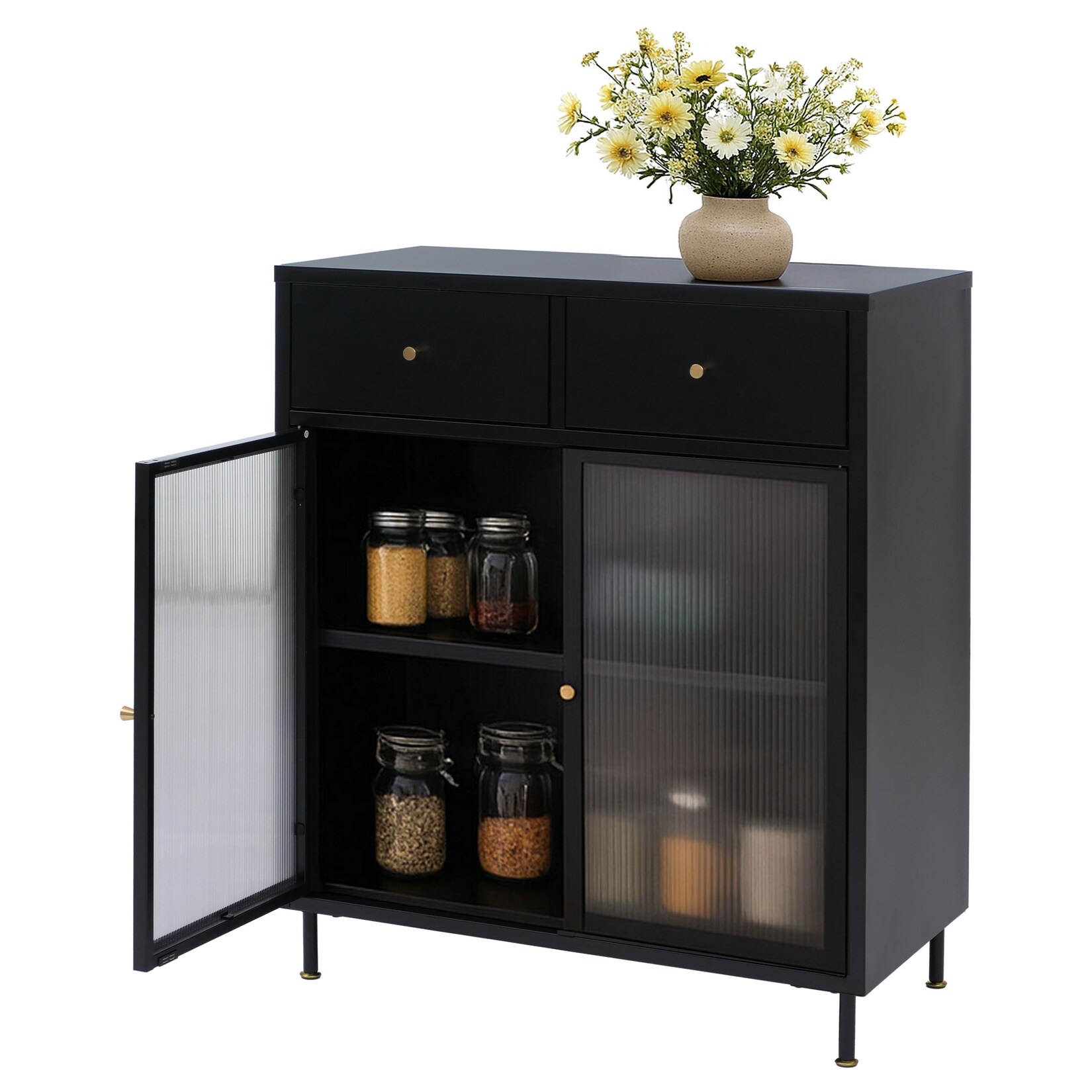 Kommode MCW-O87, Schrank Sideboard Highboard, Staufächer Schubladen Industrial Metall Schilfglas 96x80x40cm ~ schwarz