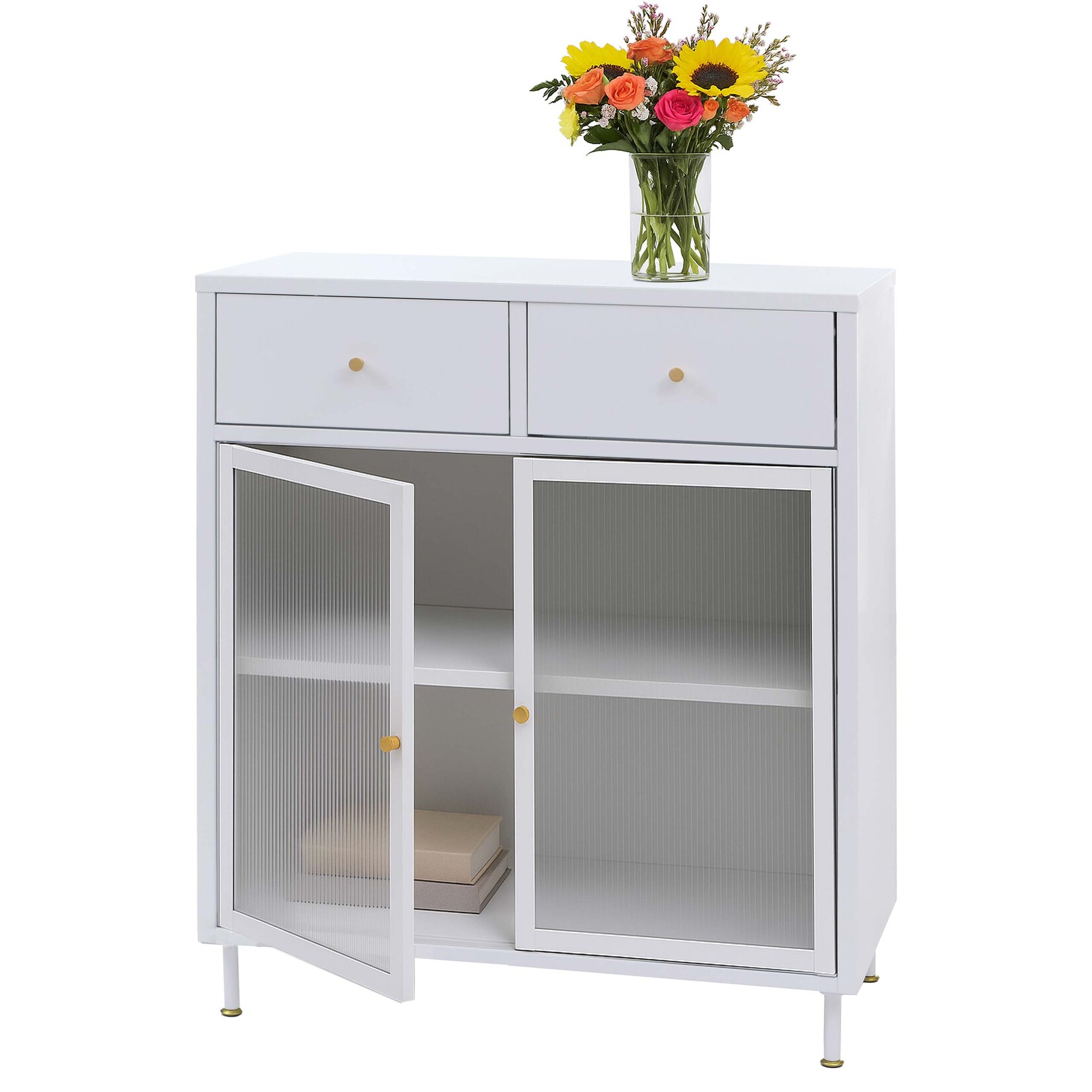 Kommode MCW-O87, Schrank Sideboard Highboard, Staufächer Schubladen Industrial Metall Schilfglas 96x80x40cm ~ weiß