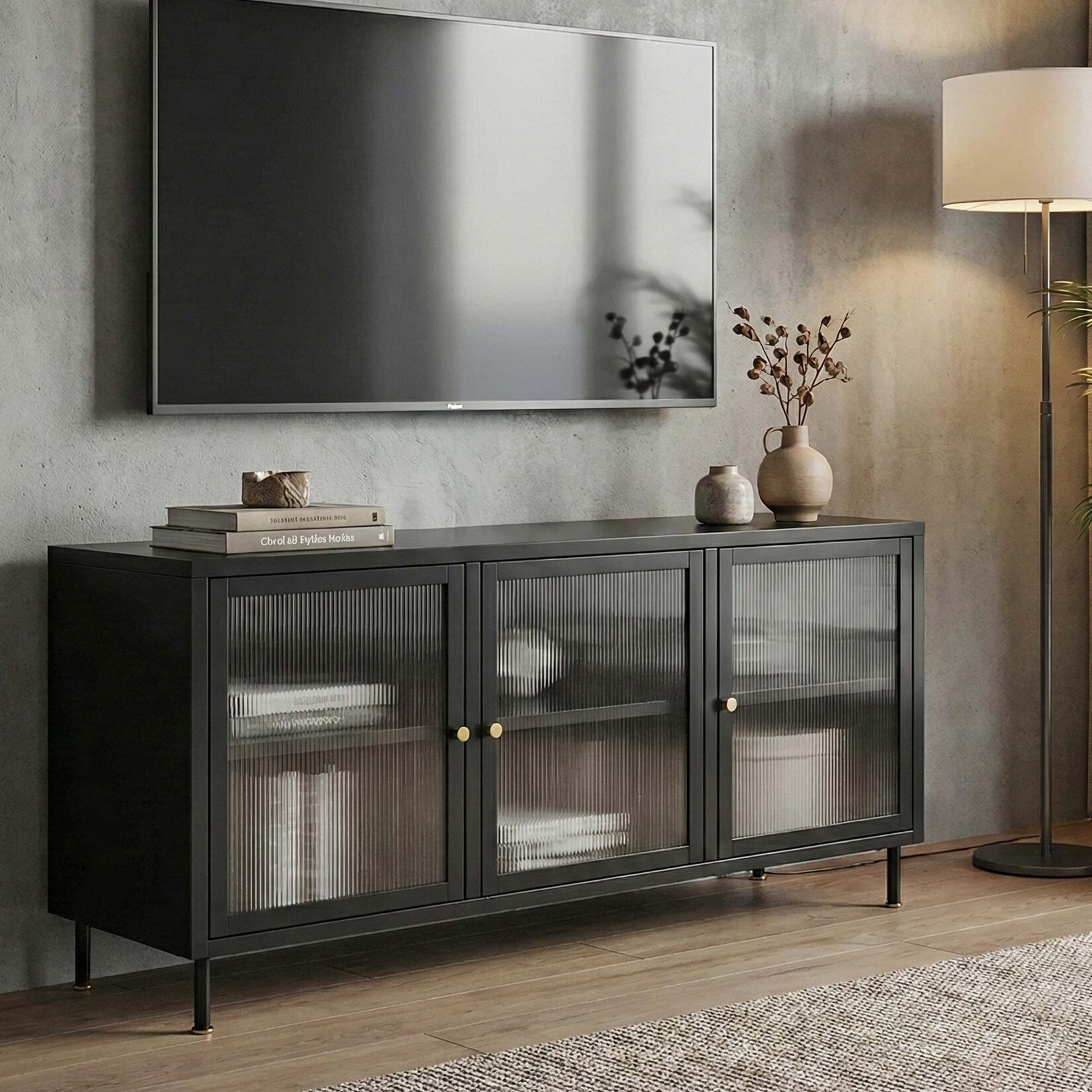 TV-Rack MCW-O87, Lowboard TV-Schrank Sideboard Türen Staufächer Industrial Metall Schilfglas 58x120x40cm ~ schwarz