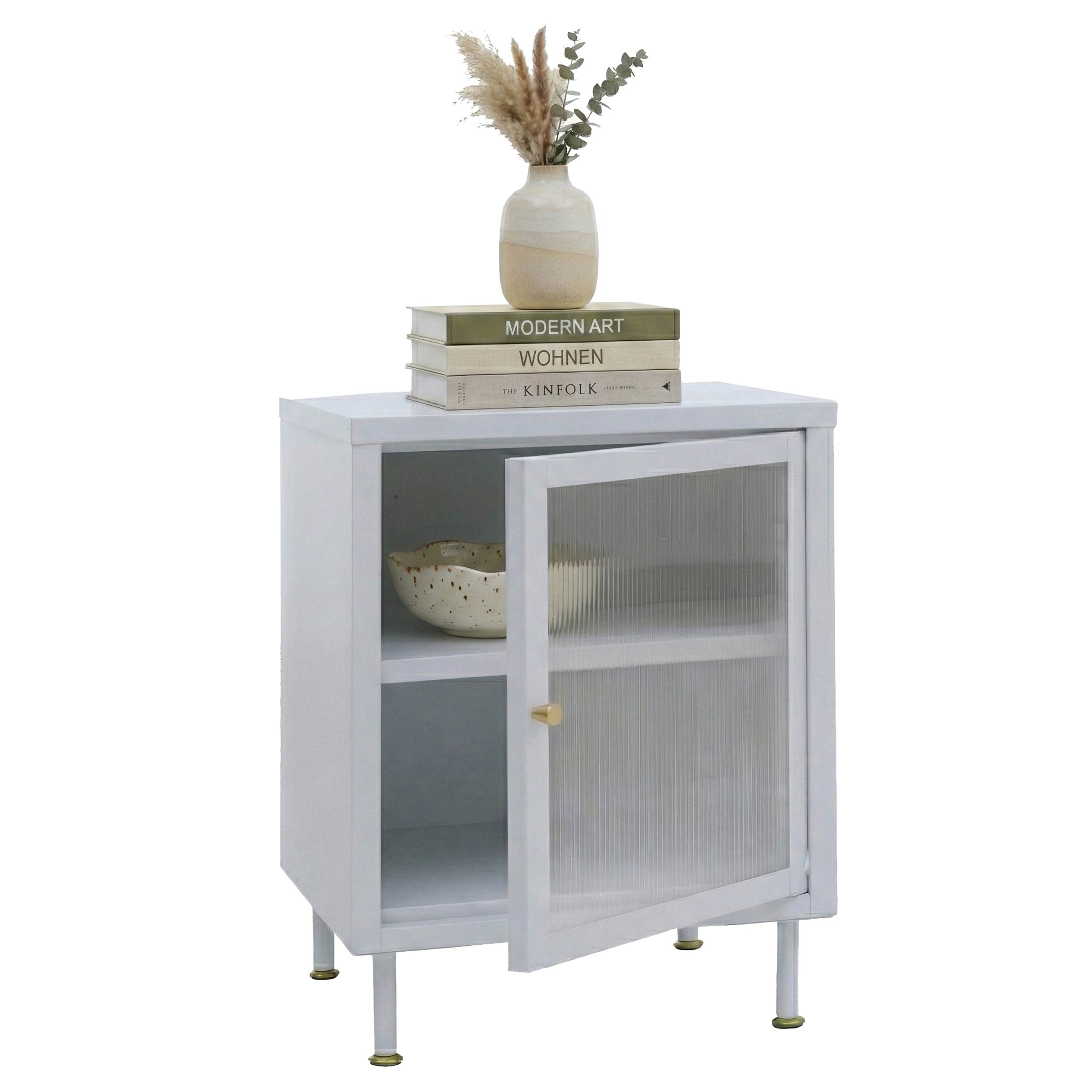 Nachttisch MCW-O87, Beistelltisch Nachtschrank Schrank, Industrial Stauf&auml;cher Metall Schilfglas 55x41x41cm ~ wei&szlig; - Bild 1