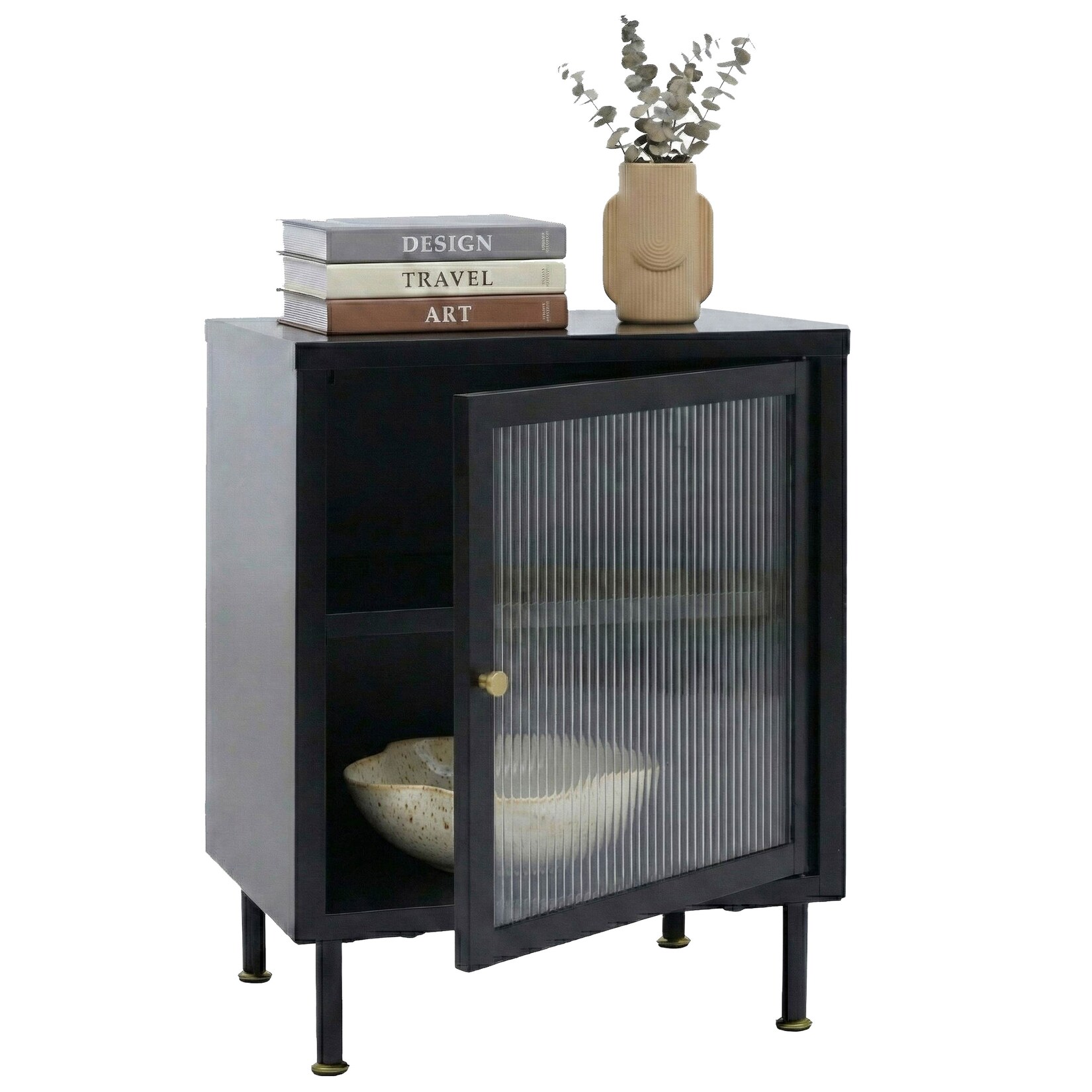Nachttisch MCW-O87, Beistelltisch Nachtschrank Schrank, Industrial Staufächer Metall Schilfglas 55x41x41cm ~ schwarz