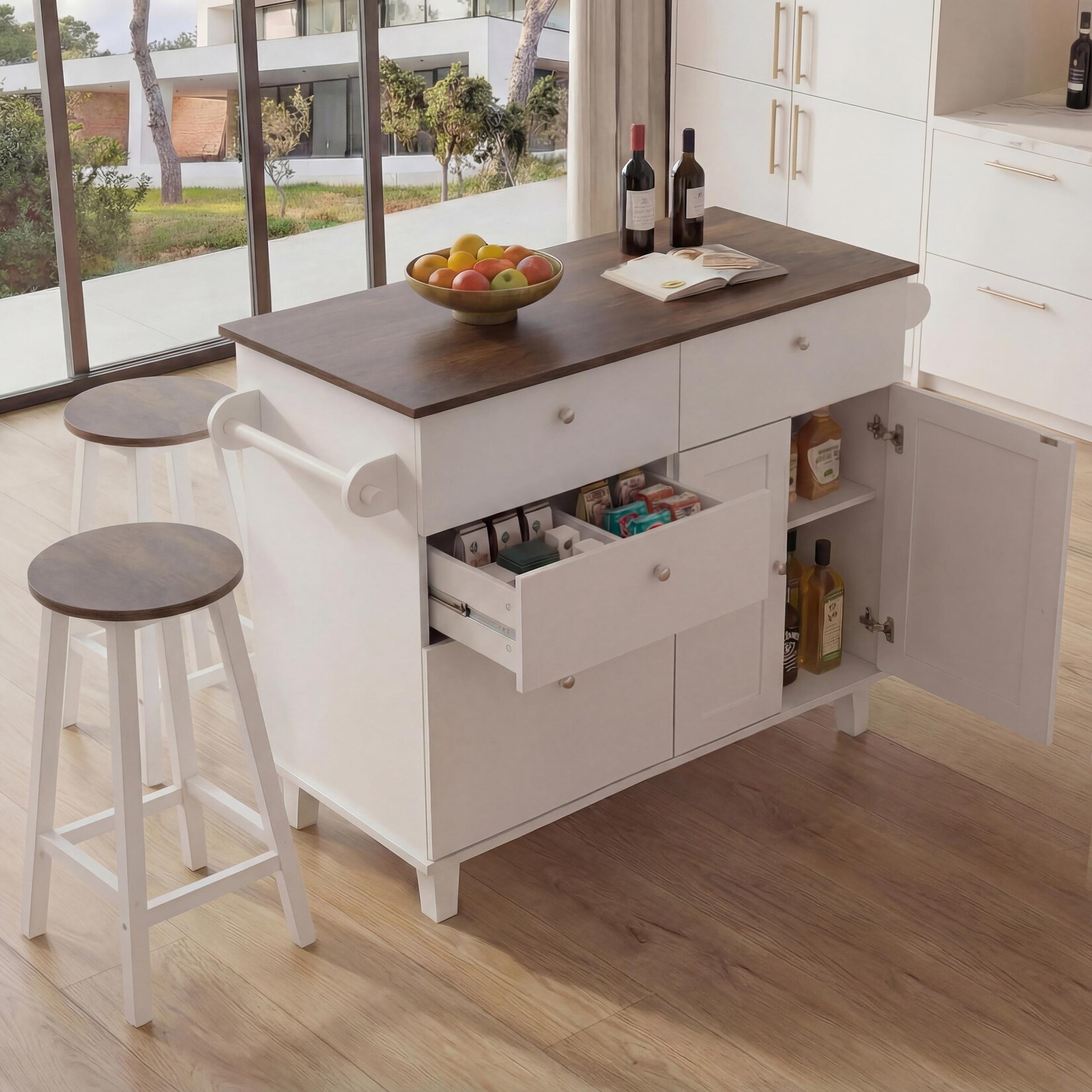 Kücheninsel MCW-P62 mit 2 Sitzhockern, Küchenschrank Schublade Staufächer MDF 90x131x47cm ~ weiß, dunkles Holz
