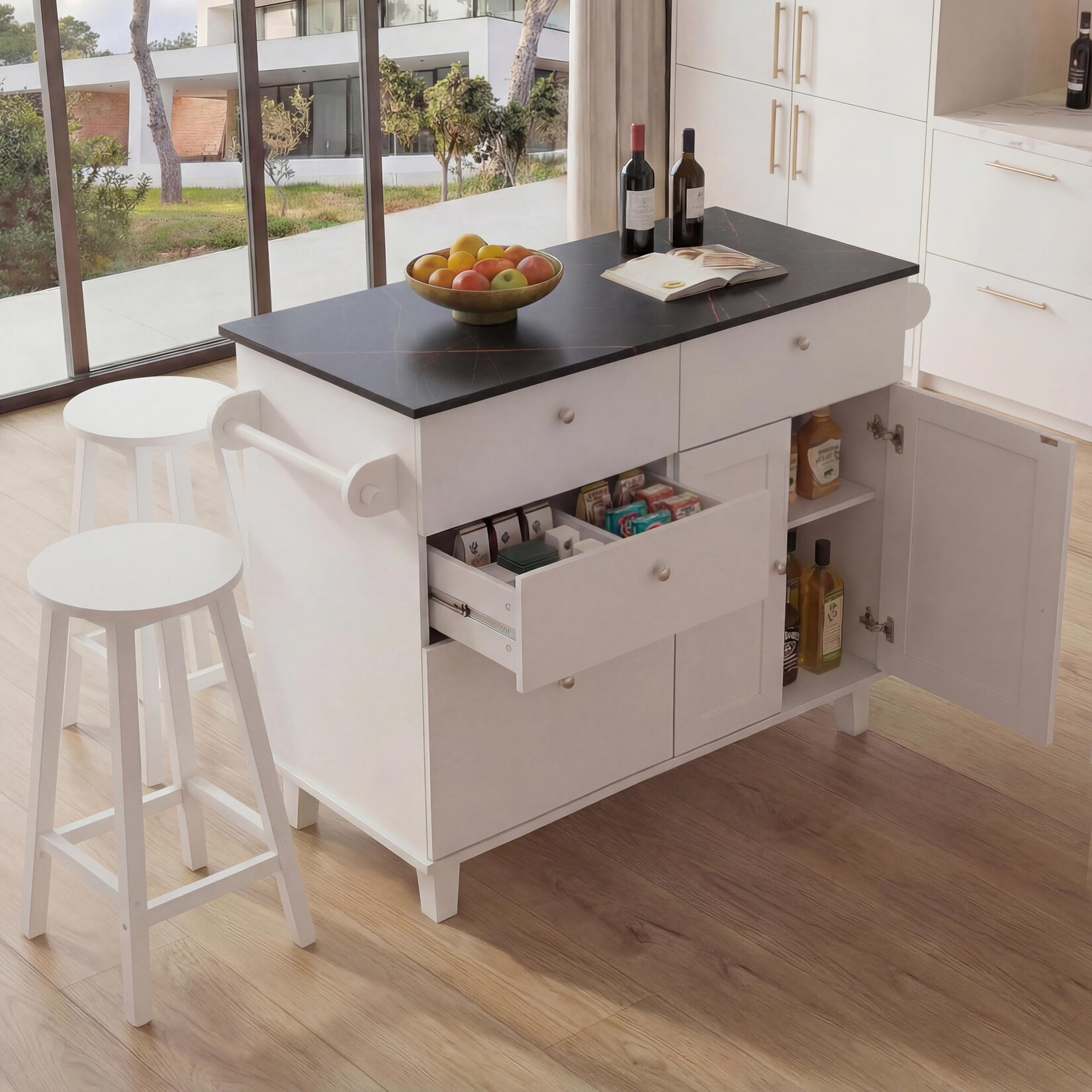 Kücheninsel MCW-P62 mit 2 Sitzhockern, Küchenschrank Schublade Staufächer MDF 90x131x47cm ~ weiß, Marmor-Optik schwarz