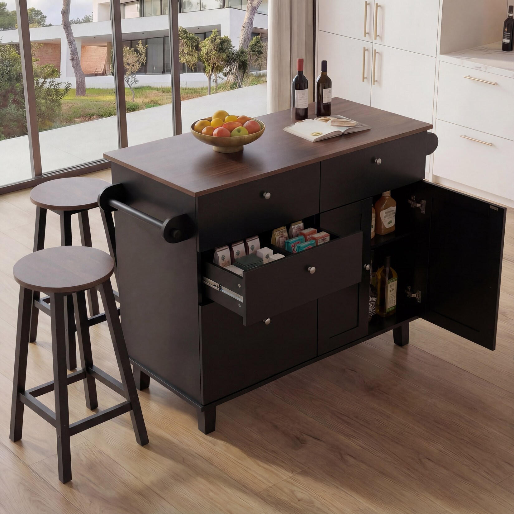 Kücheninsel MCW-P62 mit 2 Sitzhockern, Küchenschrank Schublade Staufächer MDF 90x131x47cm ~ schwarz, dunkles Holz