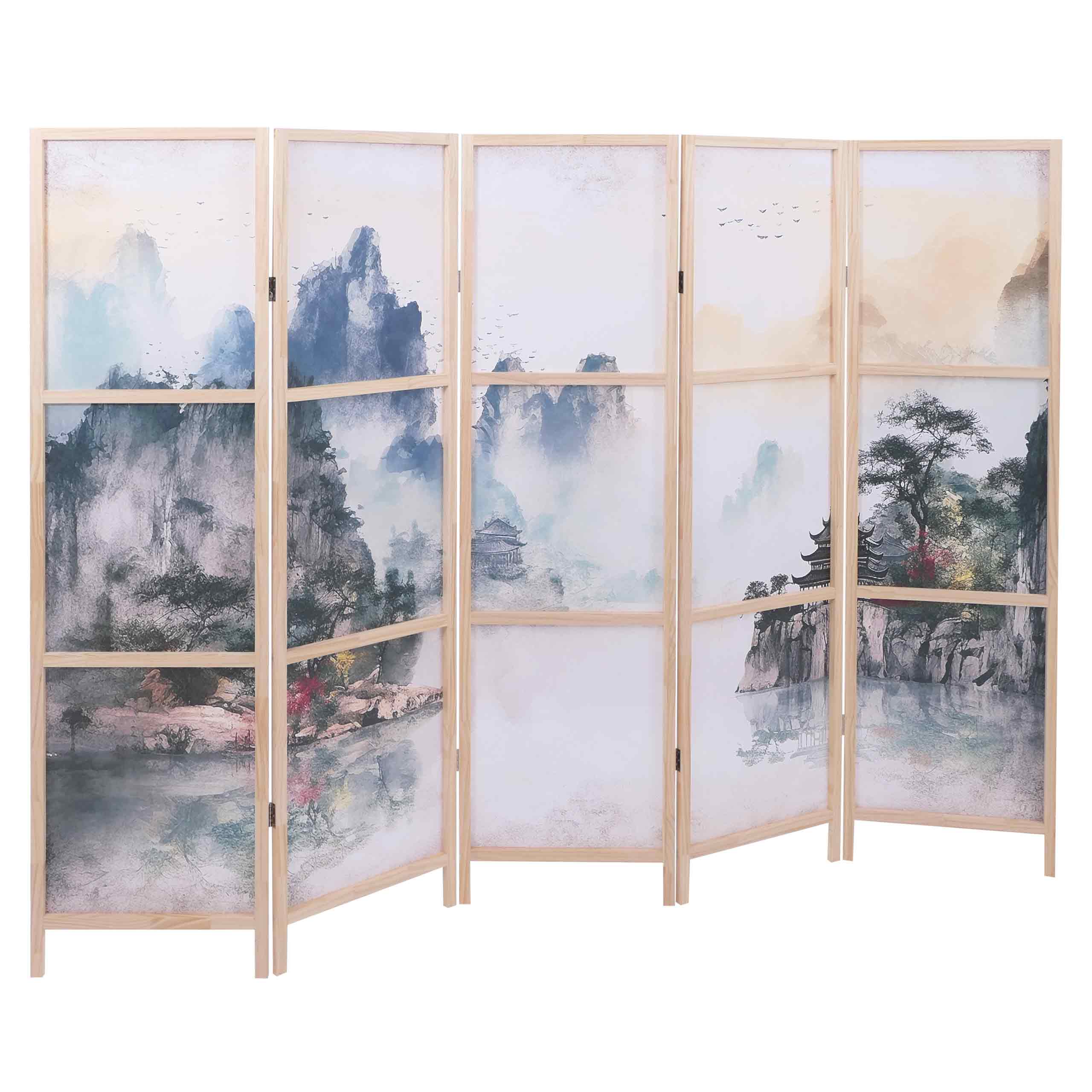 Paravent MCW-O70, Trennwand Sichtschutz Raumtrennung Naturmotive Holz MVG Polyethylen 170x227cm ~ Berge - Bild 1