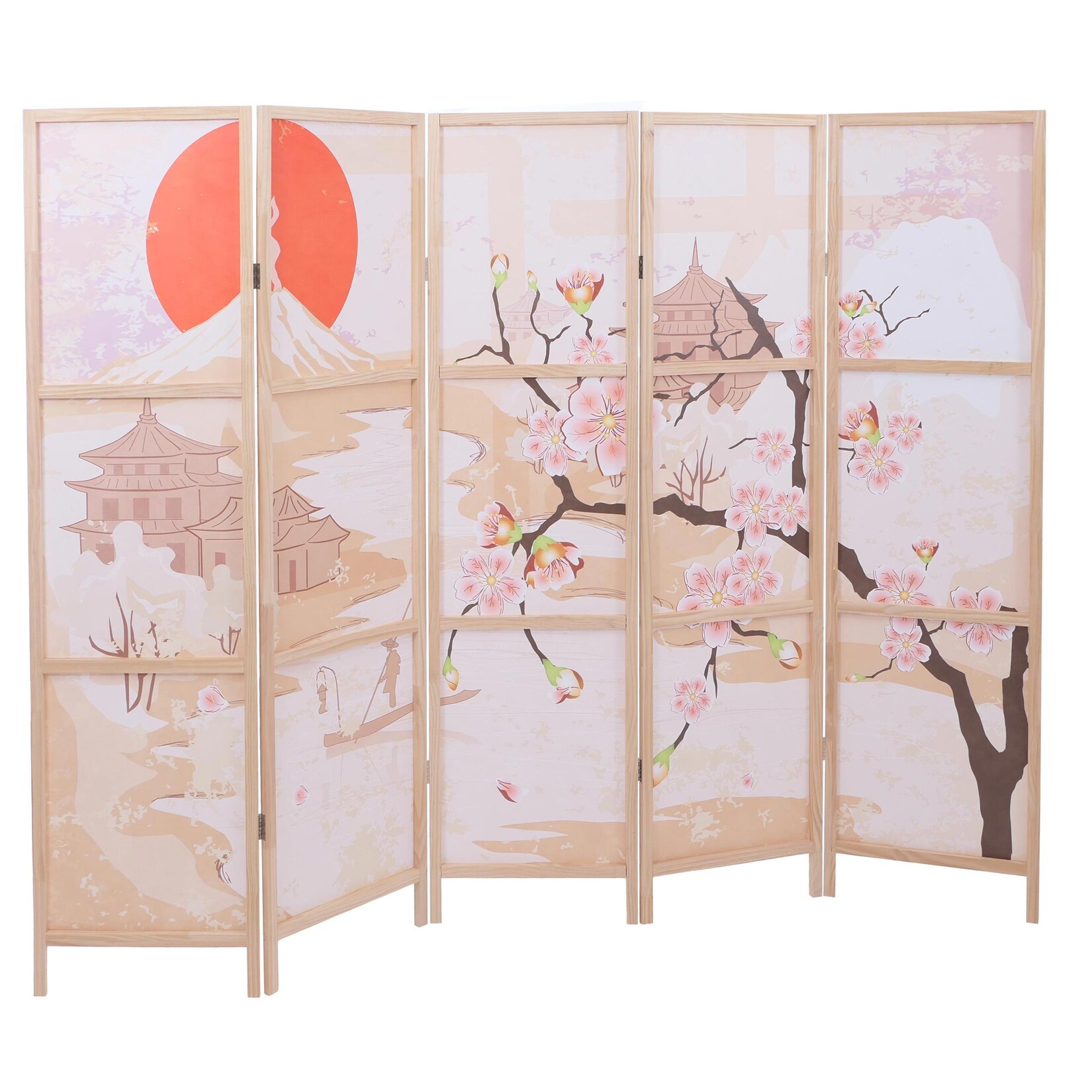 Paravent MCW-O70, Trennwand Sichtschutz Raumtrennung Naturmotive Holz MVG Polyethylen 170x227cm ~ Kirschblüten | 04057651895284