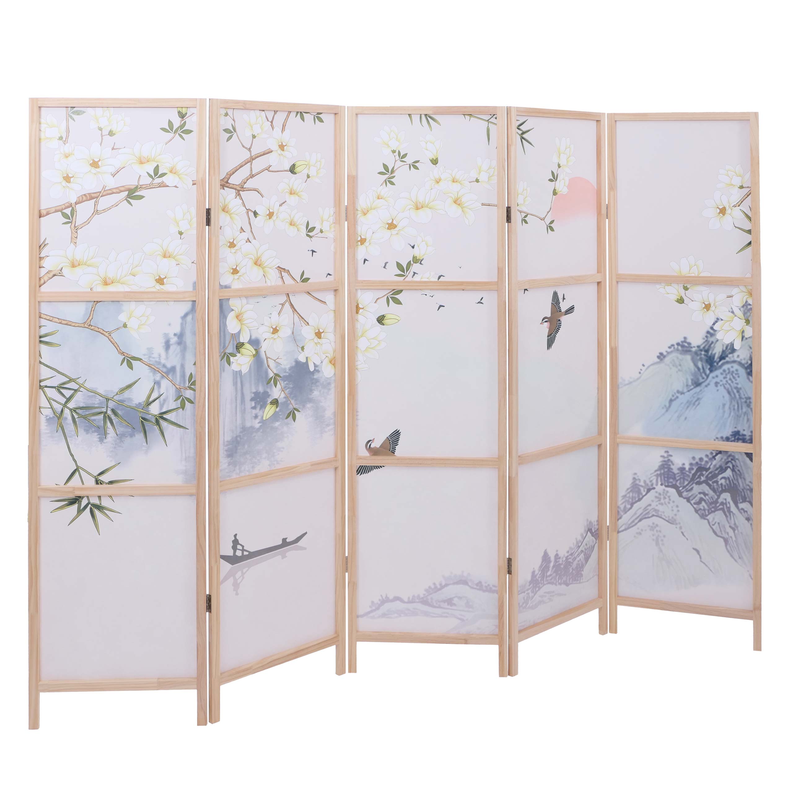 Paravent MCW-O70, Trennwand Sichtschutz Raumtrennung Naturmotive Holz MVG Polyethylen 170x227cm ~ Flusslandschaft - Bild 1