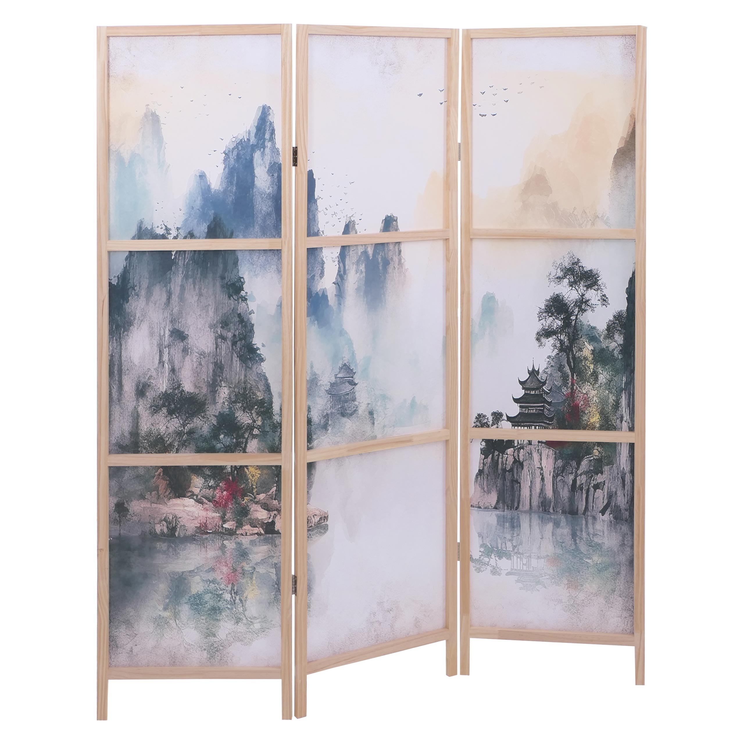 Paravent MCW-O70, Trennwand Sichtschutz Raumtrennung Naturmotive Holz MVG Polyethylen 170x137cm ~ Berge - Bild 1
