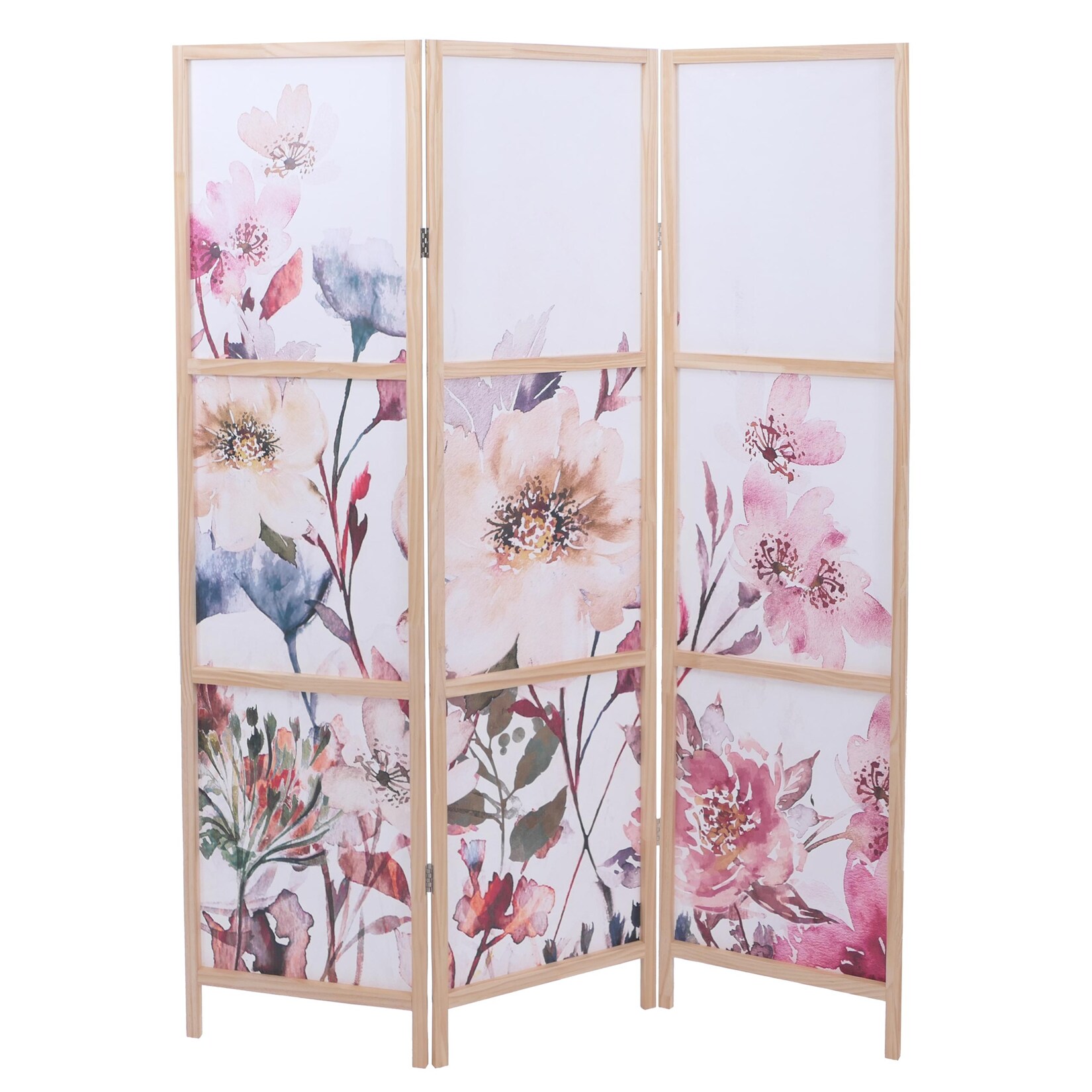 Paravent MCW-O70, Trennwand Sichtschutz Raumtrennung Naturmotive Holz MVG Polyethylen 170x137cm ~ Blumen