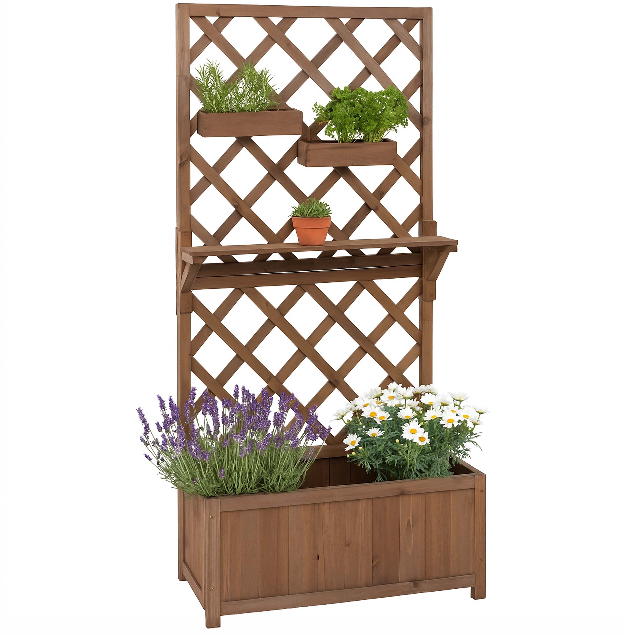 Hochbeet MCW-P68, Pflanz-/Blumenkasten Rankgitter Rankhilfe Ablage H&auml;ngek&auml;sten Holz MVG 135x70x30cm ~ braun - Bild 1
