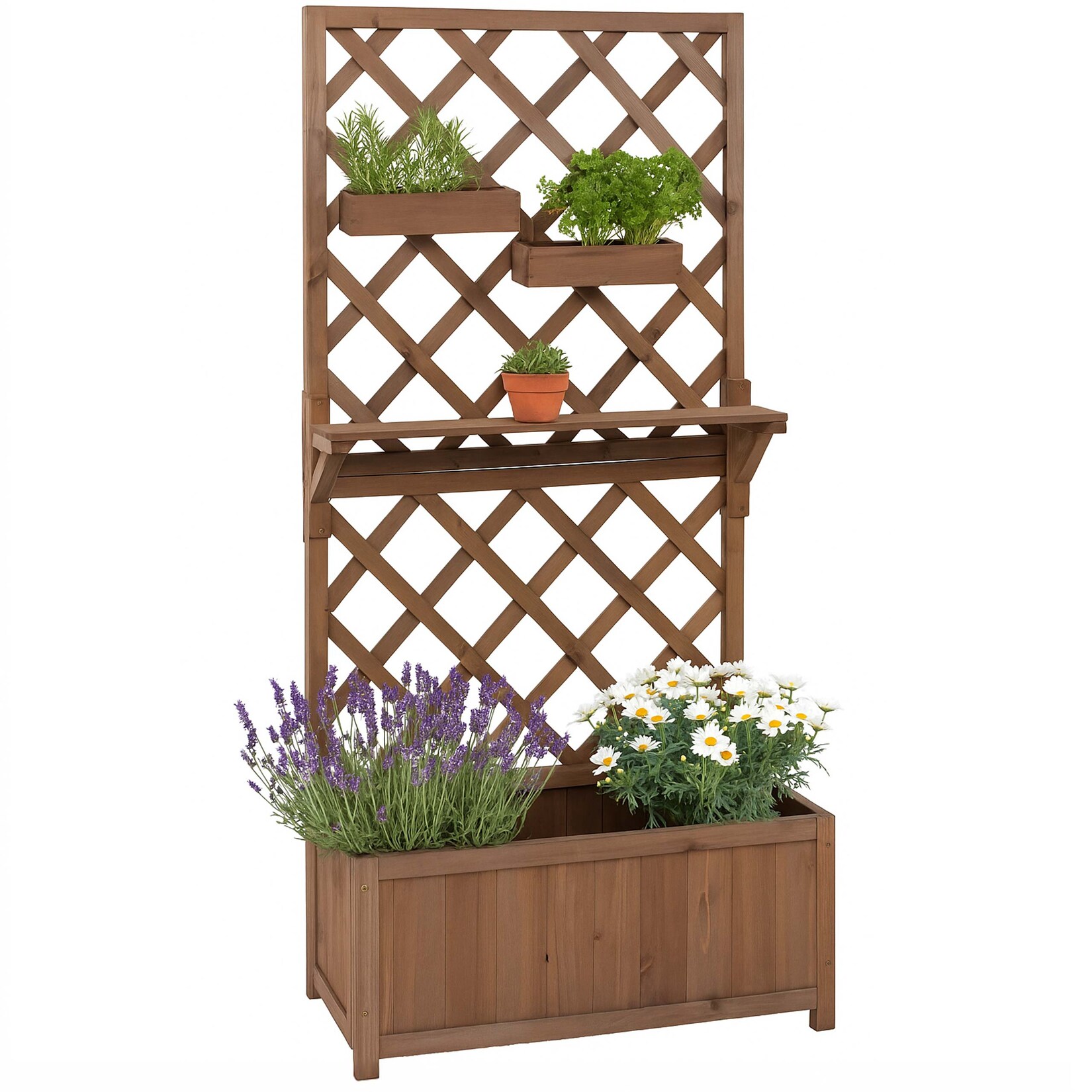 Hochbeet MCW-P68, Pflanz-/Blumenkasten Rankgitter Rankhilfe Ablage Hängekästen Holz MVG 135x70x30cm ~ braun