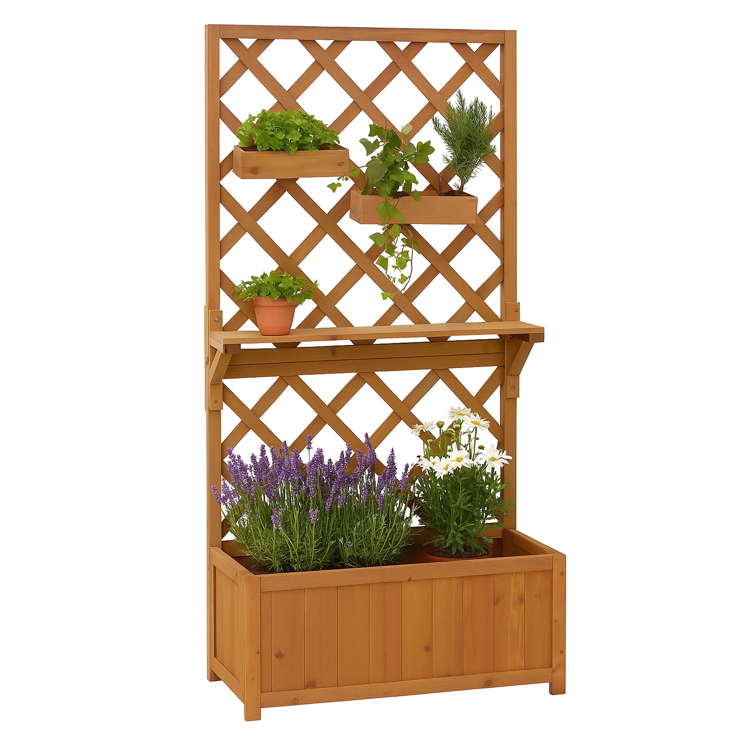 Hochbeet MCW-P68, Pflanz-/Blumenkasten Rankgitter Rankhilfe Ablage H&auml;ngek&auml;sten Holz MVG 135x70x30cm ~ natur - Bild 1