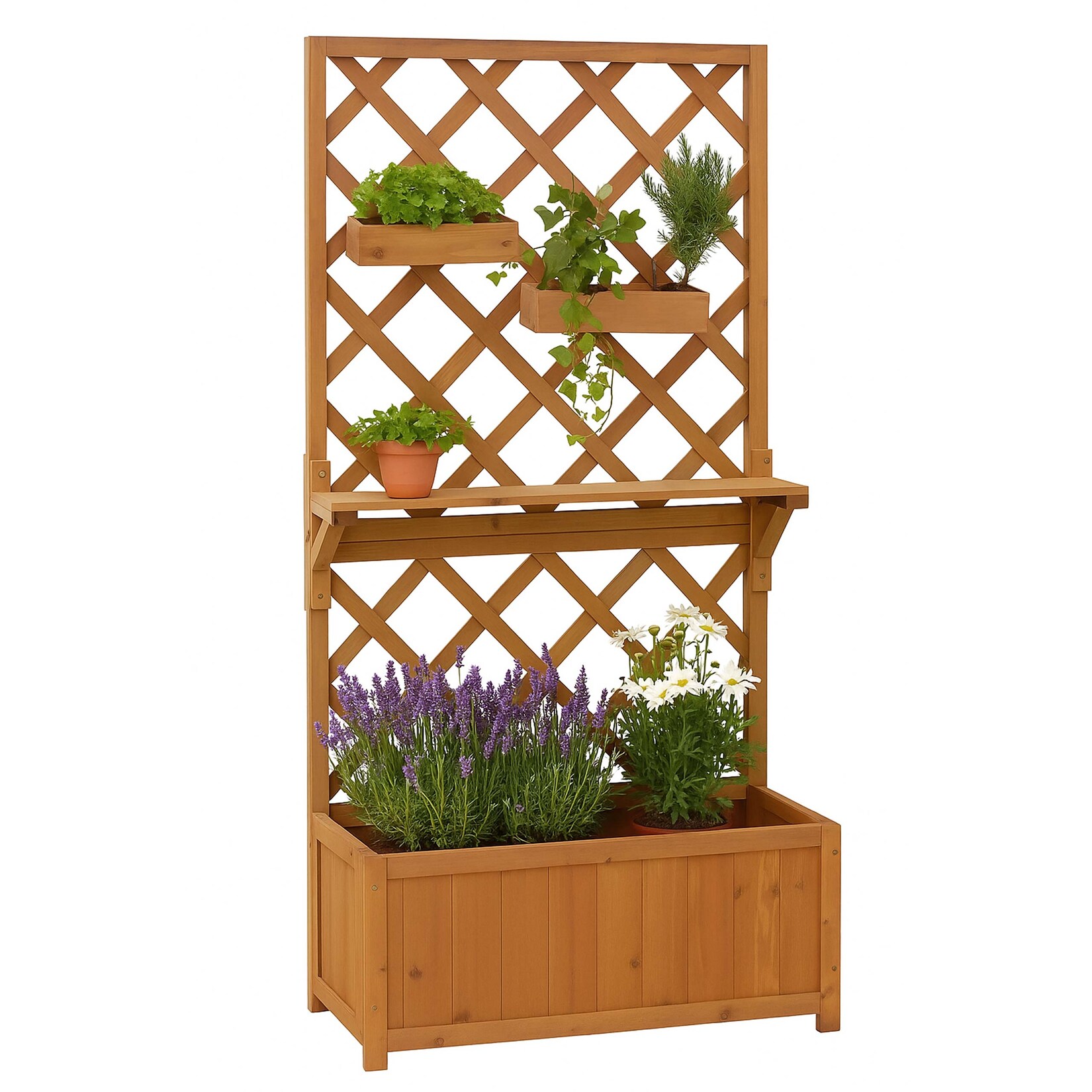 Hochbeet MCW-P68, Pflanz-/Blumenkasten Rankgitter Rankhilfe Ablage Hängekästen Holz MVG 135x70x30cm ~ natur