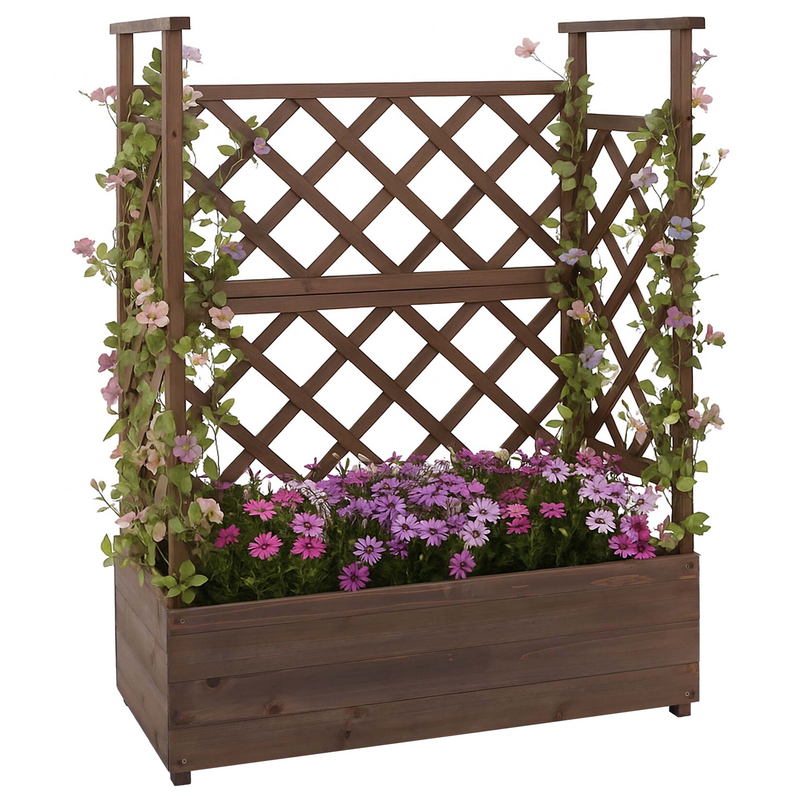 Hochbeet MCW-P67, Pflanz-/Blumenkasten Pflanzkübel Rankgitter Rankhilfe Spalier Holz MVG 114x85x44cm ~ braun